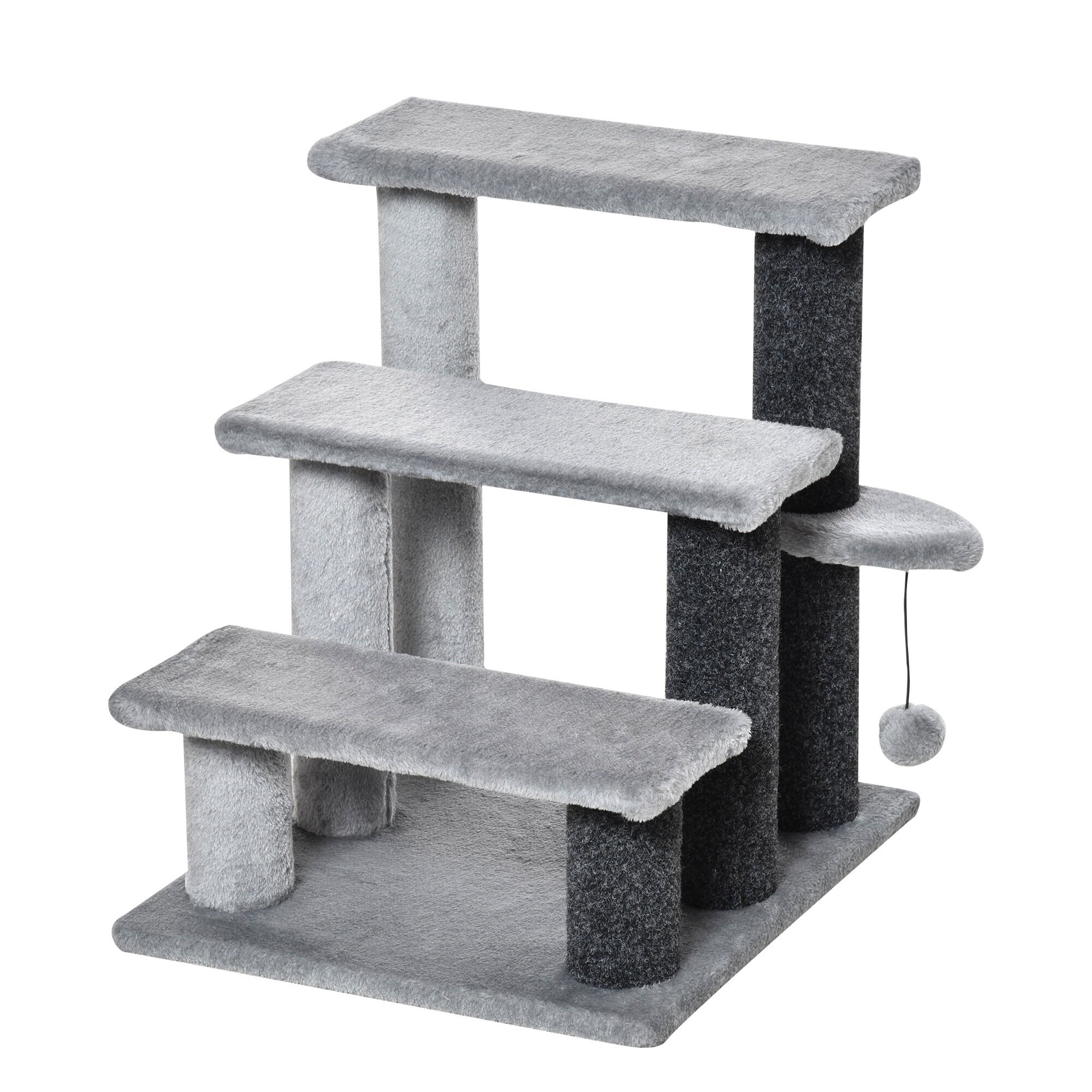 PawHut Escaleras para Gatos de 4 Escalones Escaleras para Mascotas &Aacute;rbol Rascador para Gatos Peque&ntilde;o con Poste Rascador Bola Colgante 60x40x64 cm Gris, , large Imagen numero 6
