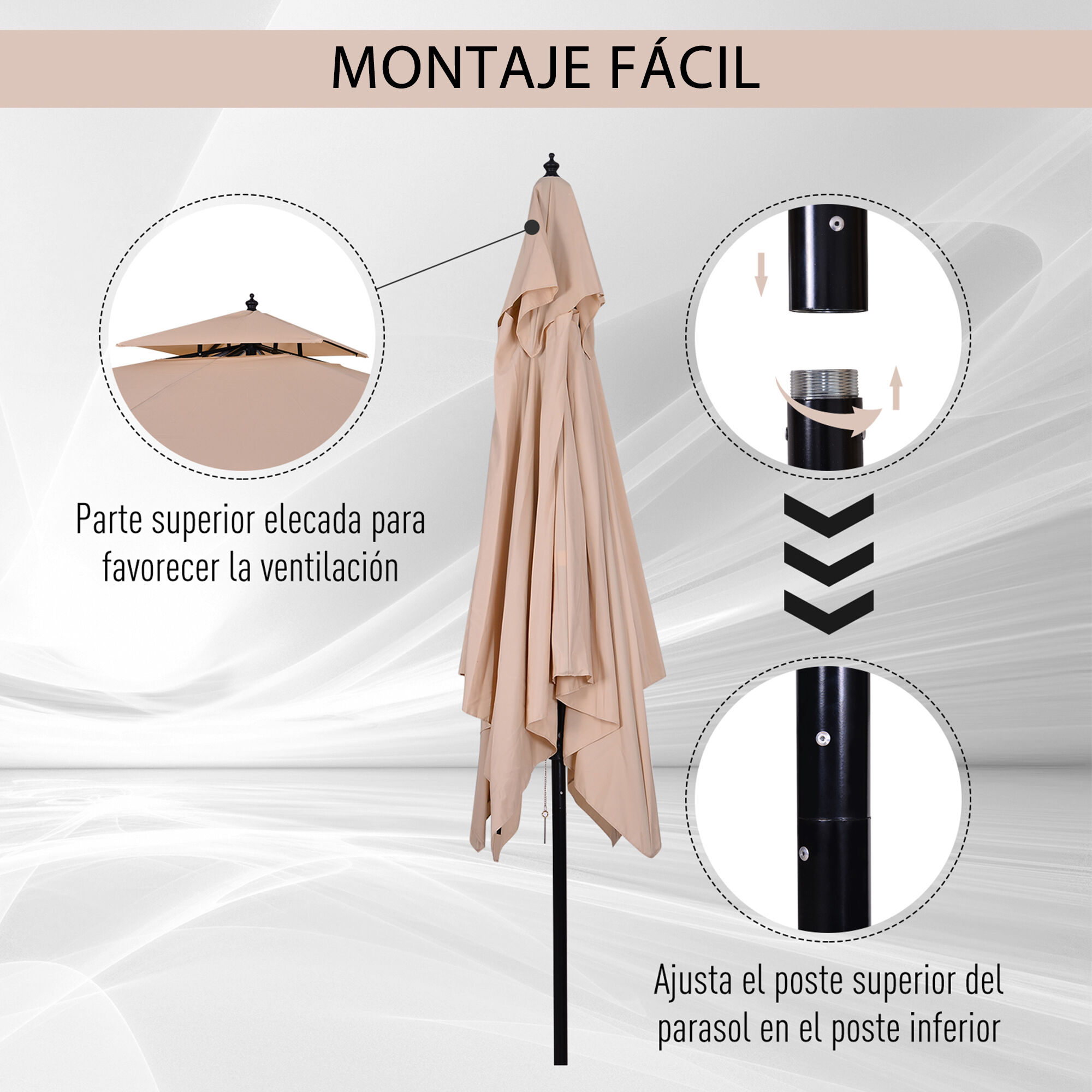 Outsunny Sombrilla de Jardín 3x3x3 m con Doble Techo Impermeable y Manivela Beige thumbnail