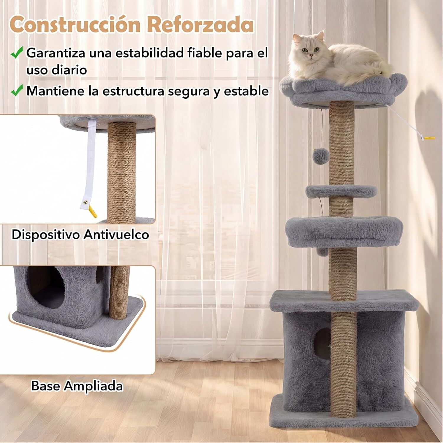 COSTWAY &Aacute;rbol Rascador para Gatos, Torre para Gatos con Percha Superior Acolchonada en Forma de Flor, Condominio y Cama, 2 Bolas Colgantes con Cascabel y Postes, Mueble Multinivel para Escalar (Gris), , large Imagen numero 3