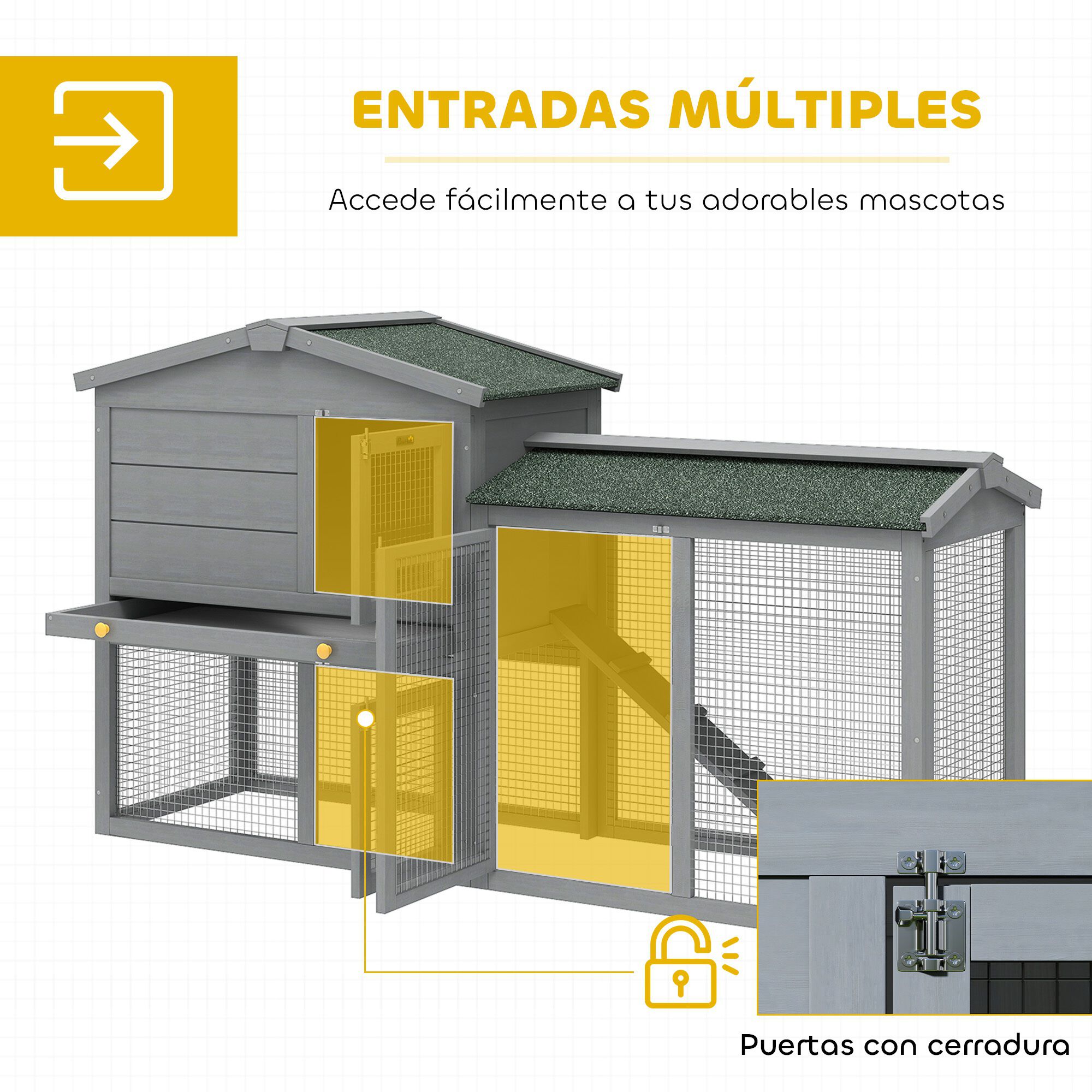 PawHut Conejera de Madera de 2 Niveles, Jaula para Conejos Grande con Techo Asf&aacute;ltico, Bandeja Extra&iacute;ble y Escalera, Conejera para Exterior, para Cobayas y H&aacute;msteres, 150x45x85 cm, Gris, , large Imagen numero 5