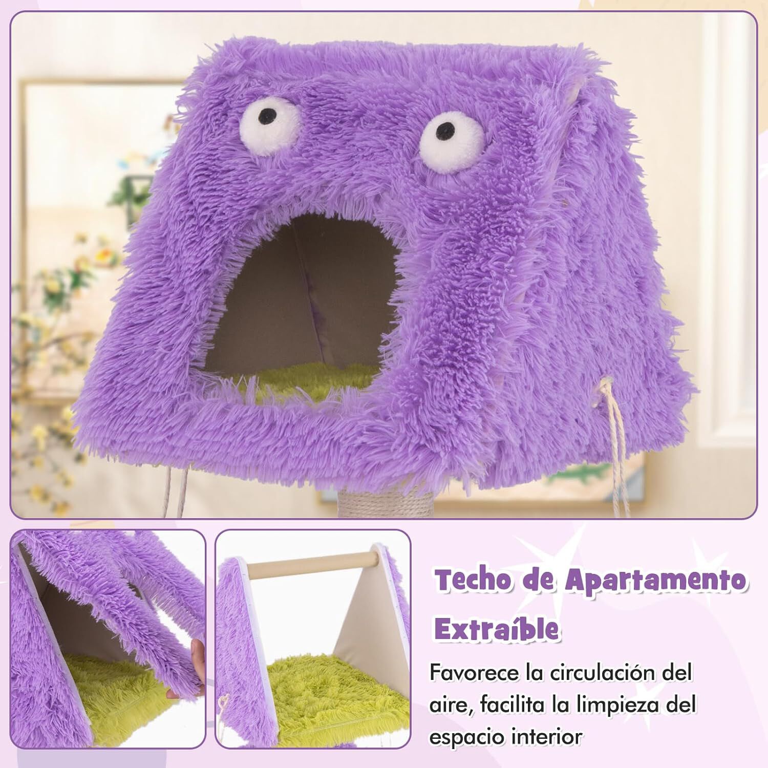 COSTWAY &Aacute;rbol para Gatos, Torre para Gatos con Tem&aacute;tica de Monstruos con Condominios, Felpa Larga y Suave, Poste Rascador De Sisal, Juguetes Colgantes, &Aacute;rbol Rascador para Gatos (P&uacute;rpura y Verde), , large Imagen numero 5