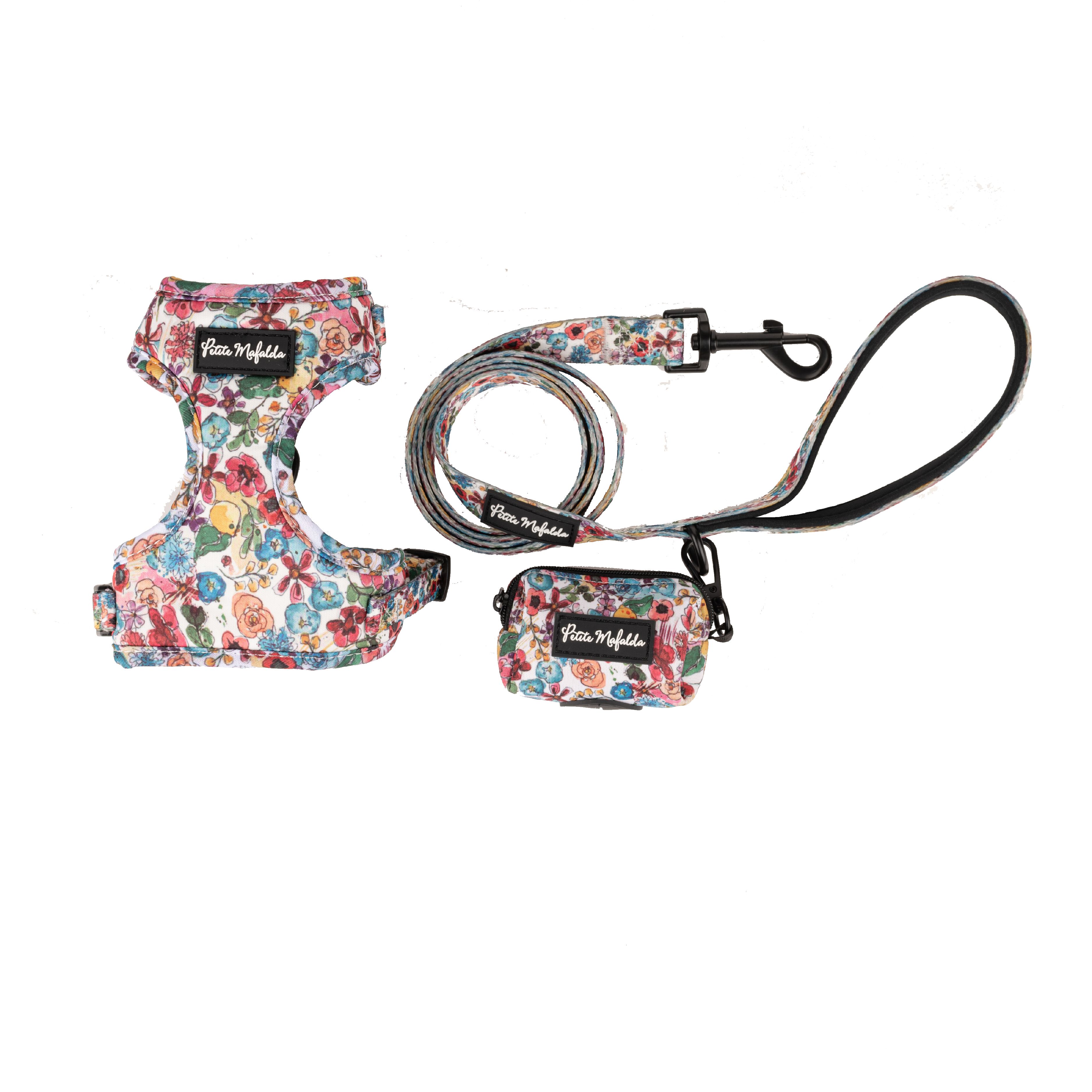 Petite Mafalda Pack Arn&eacute;s + Correa + Porta Bolsas Estampado Flores azules para perros, , large Imagen numero 1