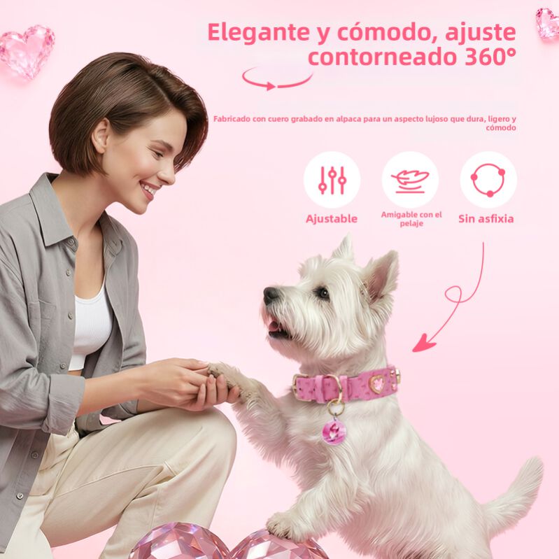 PawView Collar para Perro de Cuero Rosado con Cristales de Coraz&oacute;n y Placa de Identificaci&oacute;n QR Inteligente - Elegante, Seguro y Ajustable, , large Imagen numero 4