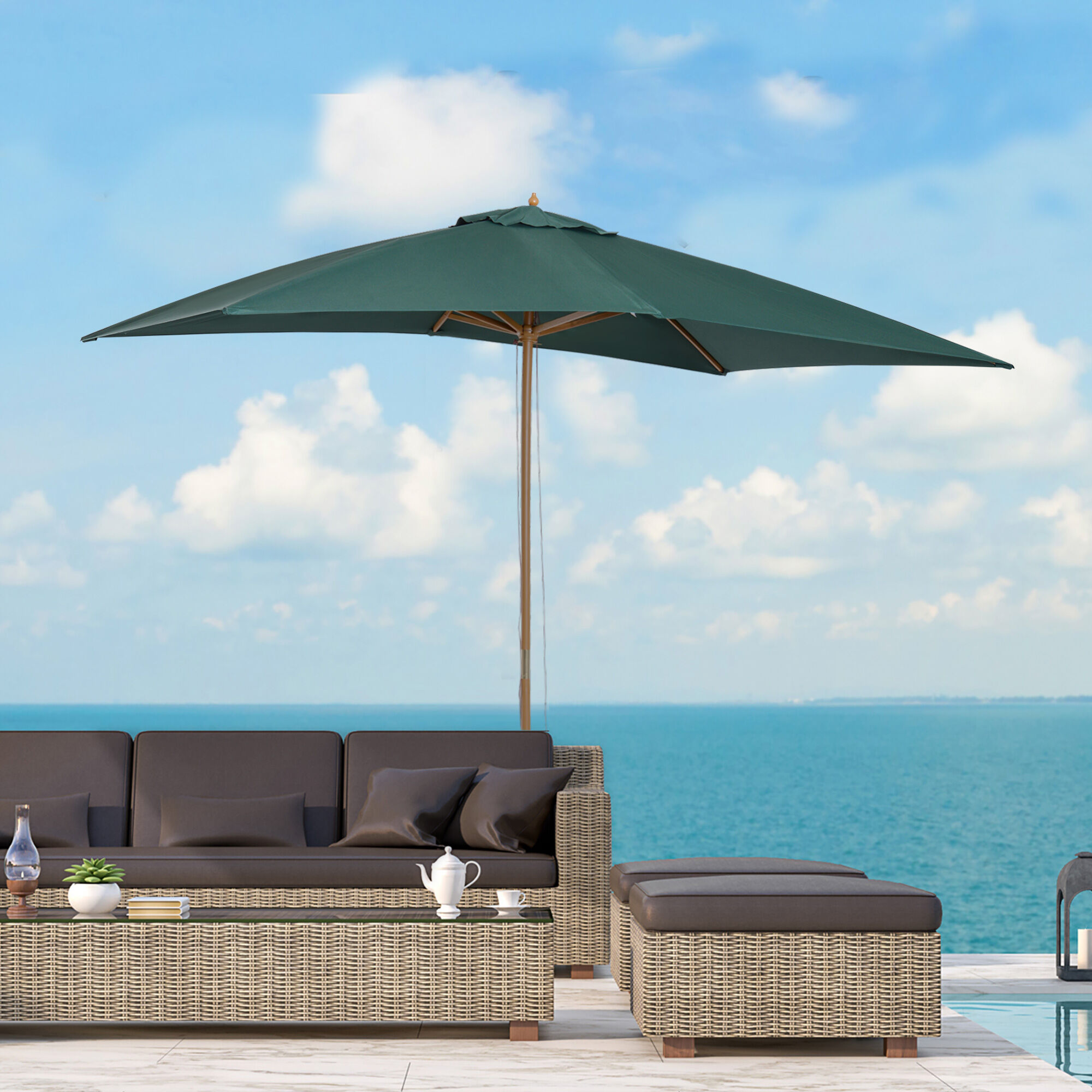 Outsunny Sombrilla Parasol 3x2m y Altura 2,55m Jard&iacute;n Terraza Poli&eacute;ster 180 g/m&sup2; y Madera Verde Oscuro, , large Imagen numero 2