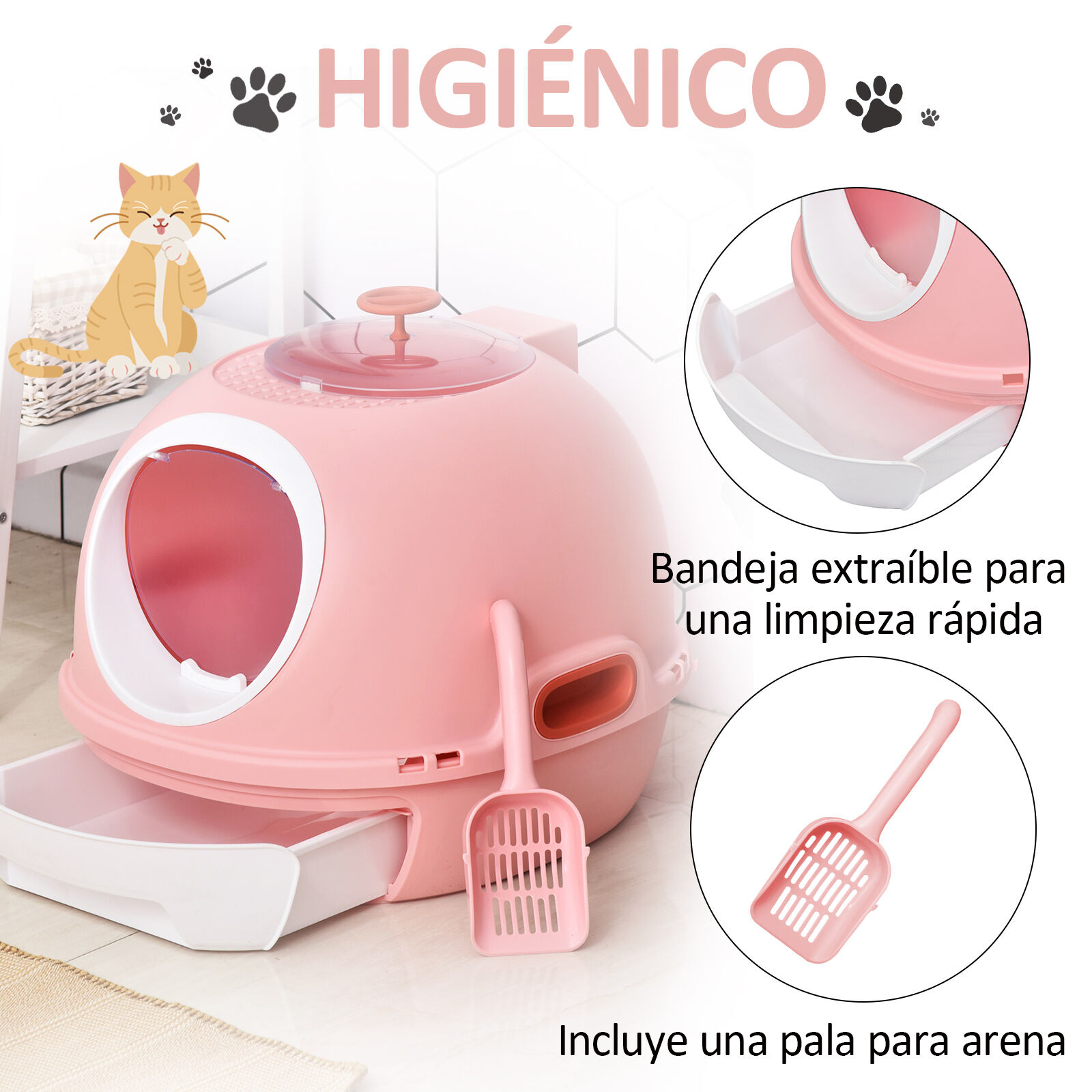 PawHut caja de arena para gatos abatible bandeja extra&iacute;ble y pala rosa, , large Imagen numero 4