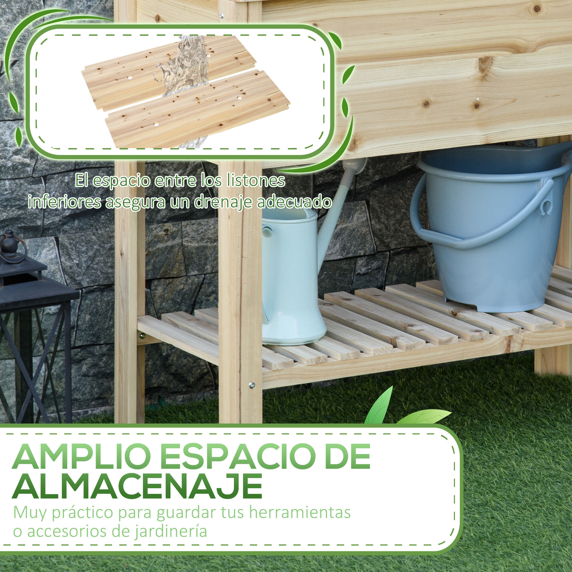 Outsunny Huerto Urbano Elevado con Estante 90x40x81 cm Mesa Jardinera de Cultivo de Madera con Tela no Tejida para Cultivos Plantas Flores Jard&iacute;n Natural, , large Imagen numero 5