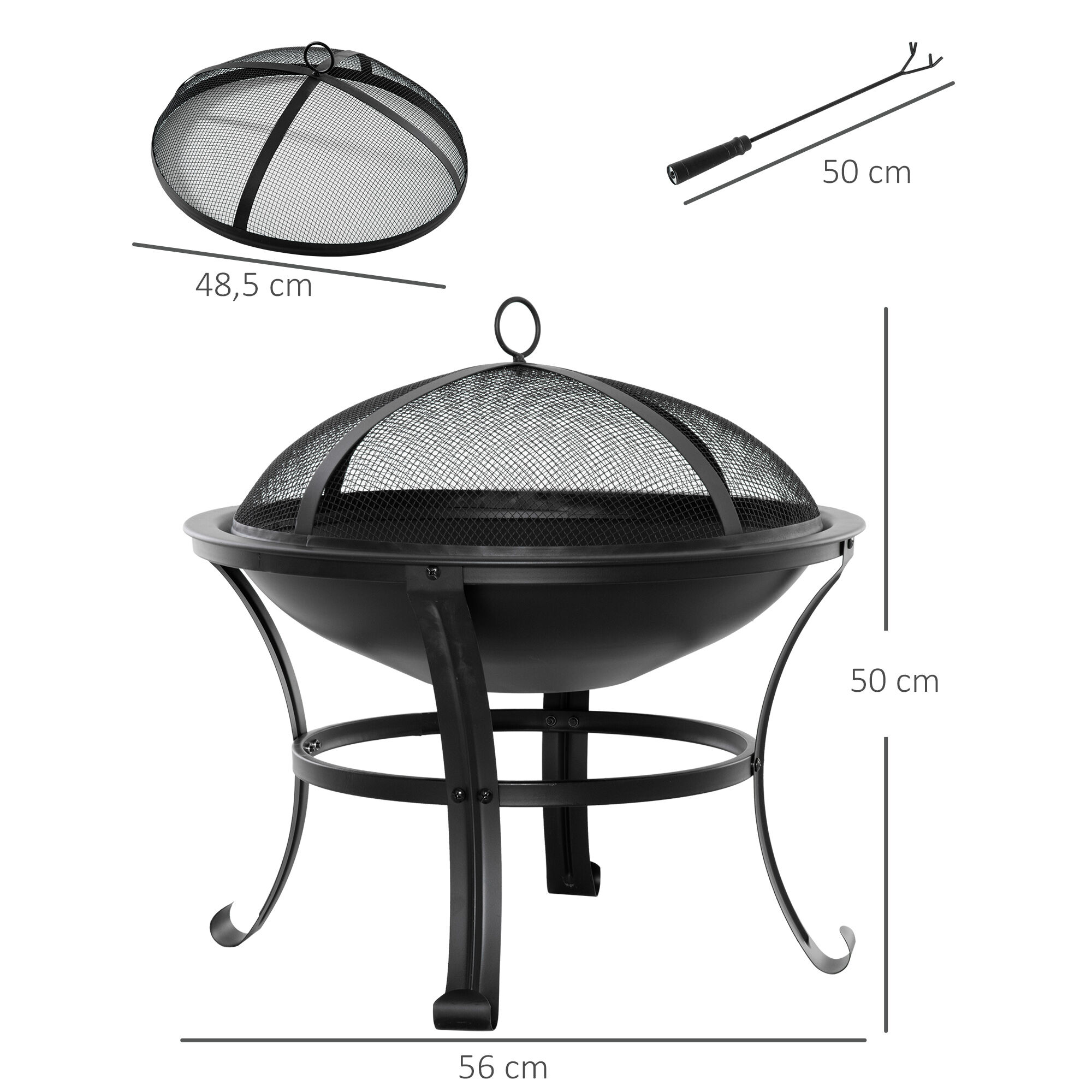Outsunny Brasero Exterior de Metal &Oslash;56 cm Cuenco de Fuego de Jard&iacute;n con Tapa Protectora contra Chispas y Atizador para Hogueras Le&ntilde;as Terraza Camping Fiestas Negro, , large Imagen numero 3
