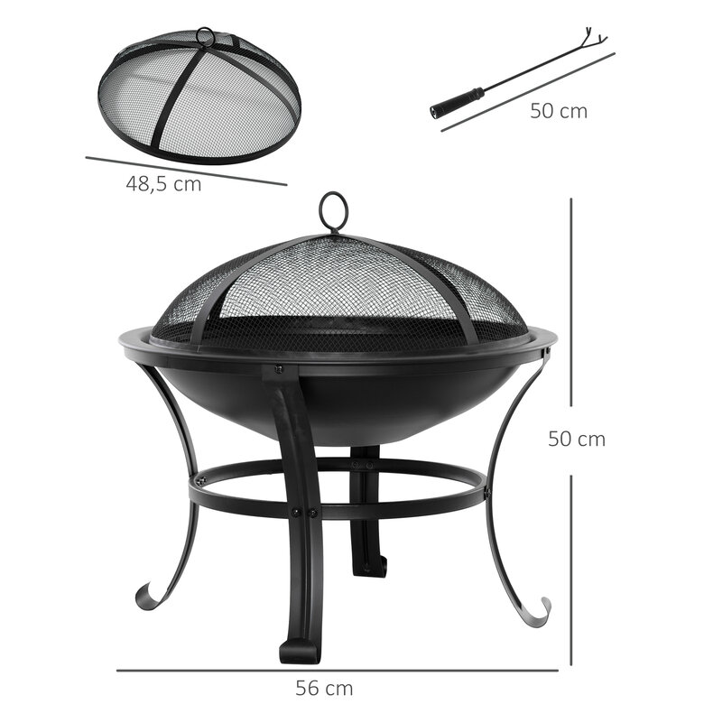 Outsunny Brasero Rond En Métal Noir - Diamètre 54 X 39 Cm - Avec Pare-Étincelles, Tisonnier & Couvercle Maille - Portable Pour Jardin, Balcon, Terrasse & Camping