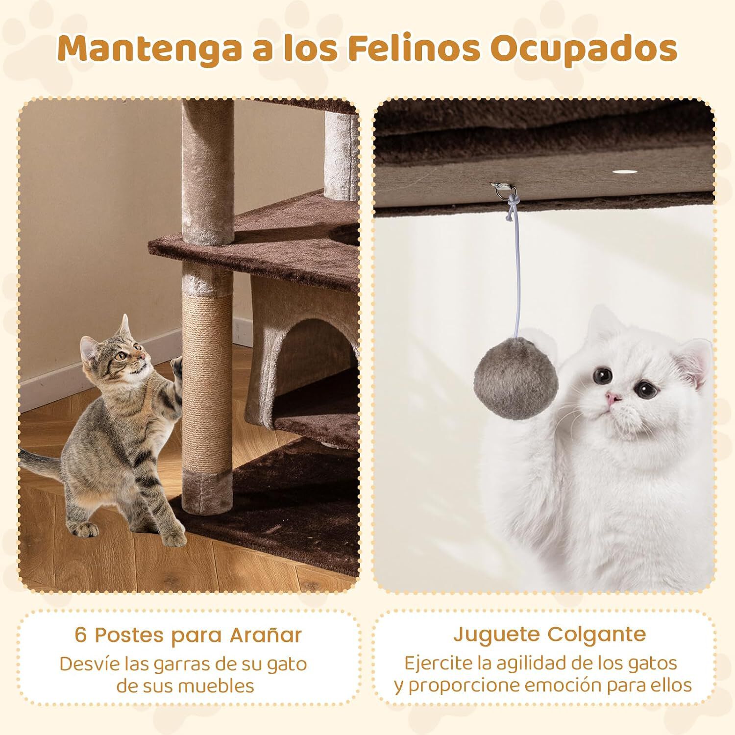 COSTWAY Rascador para Gatos Grandes, &Aacute;rbol Rascador para Gatos Multinivel, Altura 148 cm con Condominio, Percha de Peluche, Postes Rascadores, Agujero, Pomp&oacute;n y Plataformas, Torre Gato de Interior, , large Imagen numero 3