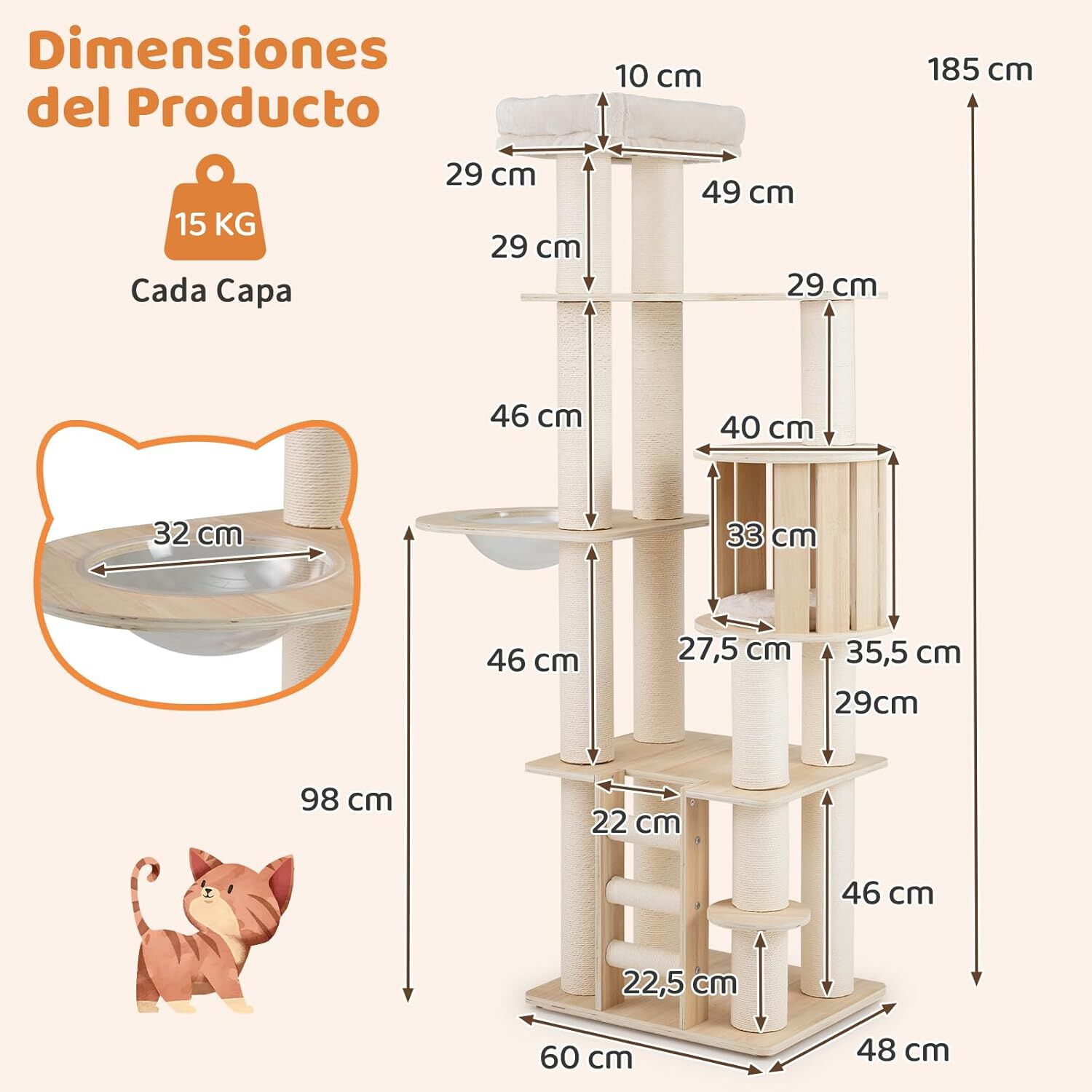 COSTWAY 185 CM &Aacute;rbol Rascador para Gatos de Madera, Torre Rascador Multinivel para Gatitos S&oacute;lida con Condominio, Percha, Postes Rascadores, Escalera, Castillo Gatos de M&uacute;ltiples Niveles, Natural, , large Imagen numero 5