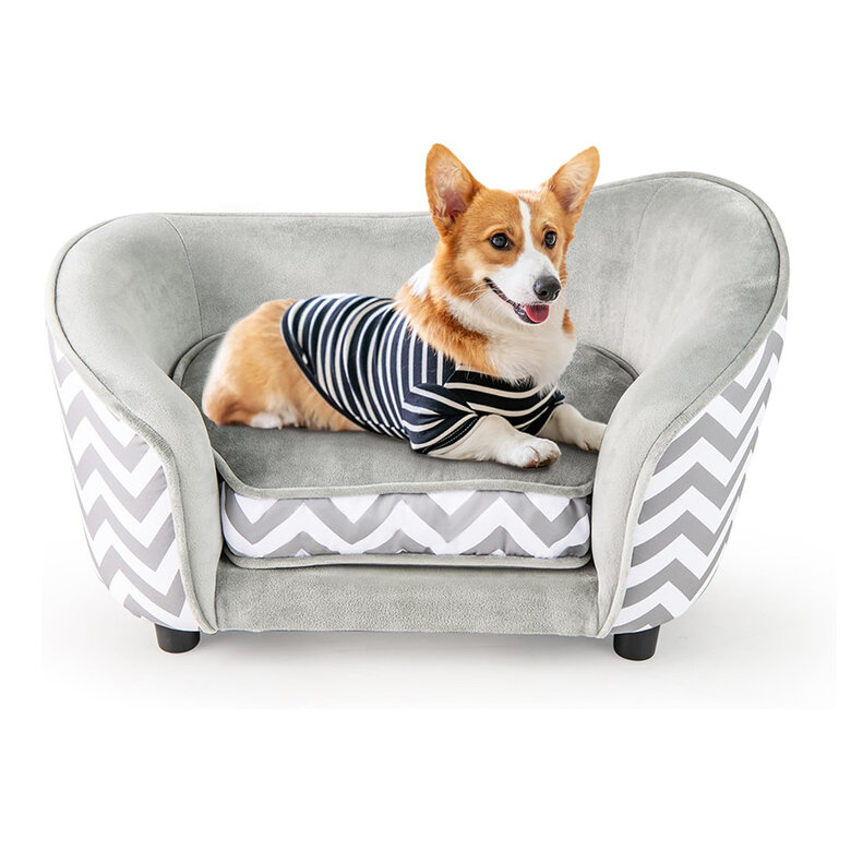 COSTWAY Sofá para Mascotas, Cama Suave de Terciopelo con Cojín Acolchado, Funda Lavable Extraíble, Respaldo Curvo y Reposabrazos, Ideal para Perros y Gatos Pequeños, Capacidad 50 kg, Gris+Blanco