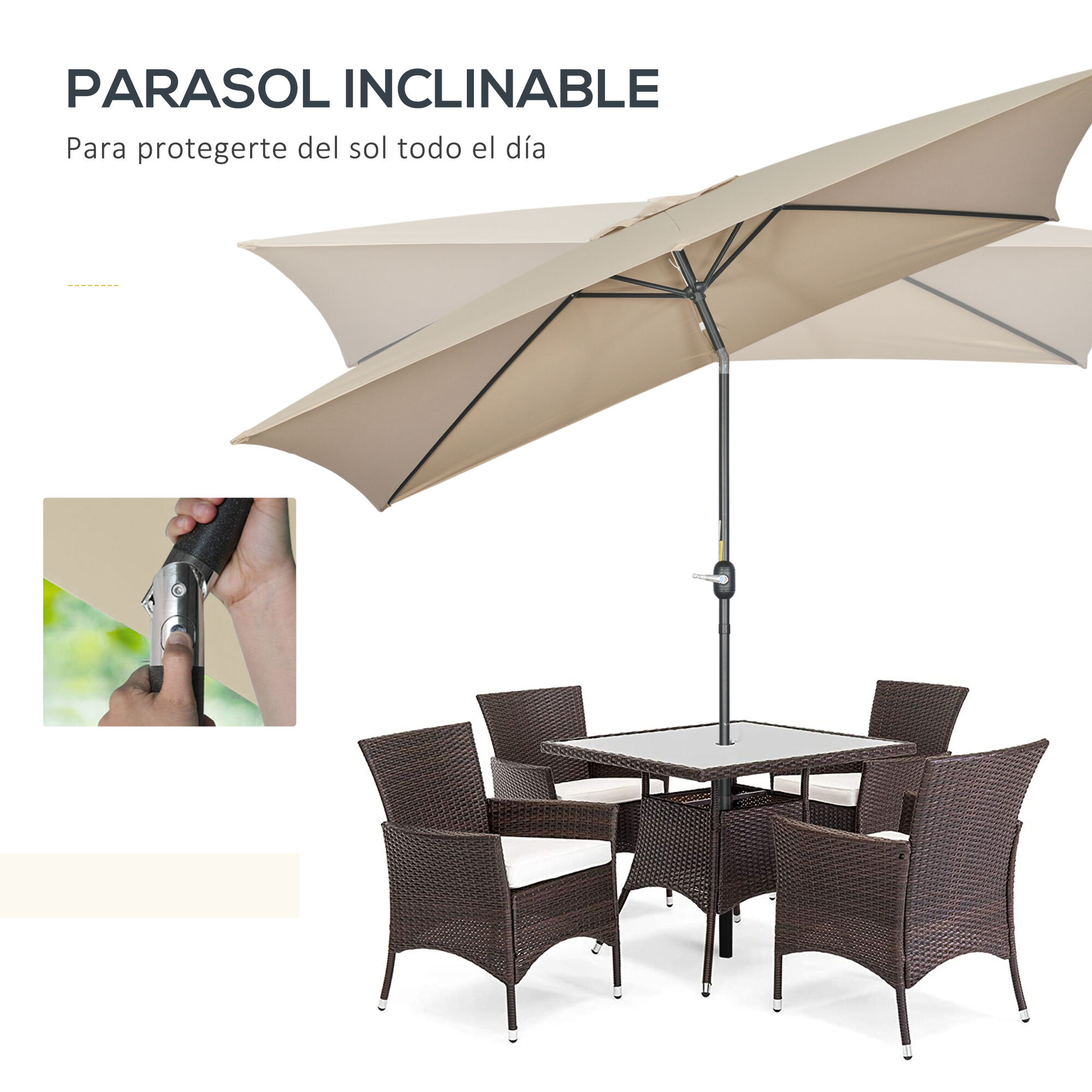 Outsunny Sombrilla de Aluminio 200x300x240 cm Parasol Rectangular de Jard&iacute;n Inclinable con Manivela y Poste Desmontable para Terraza Piscina Patio Exterior Caqui, , large Imagen numero 4