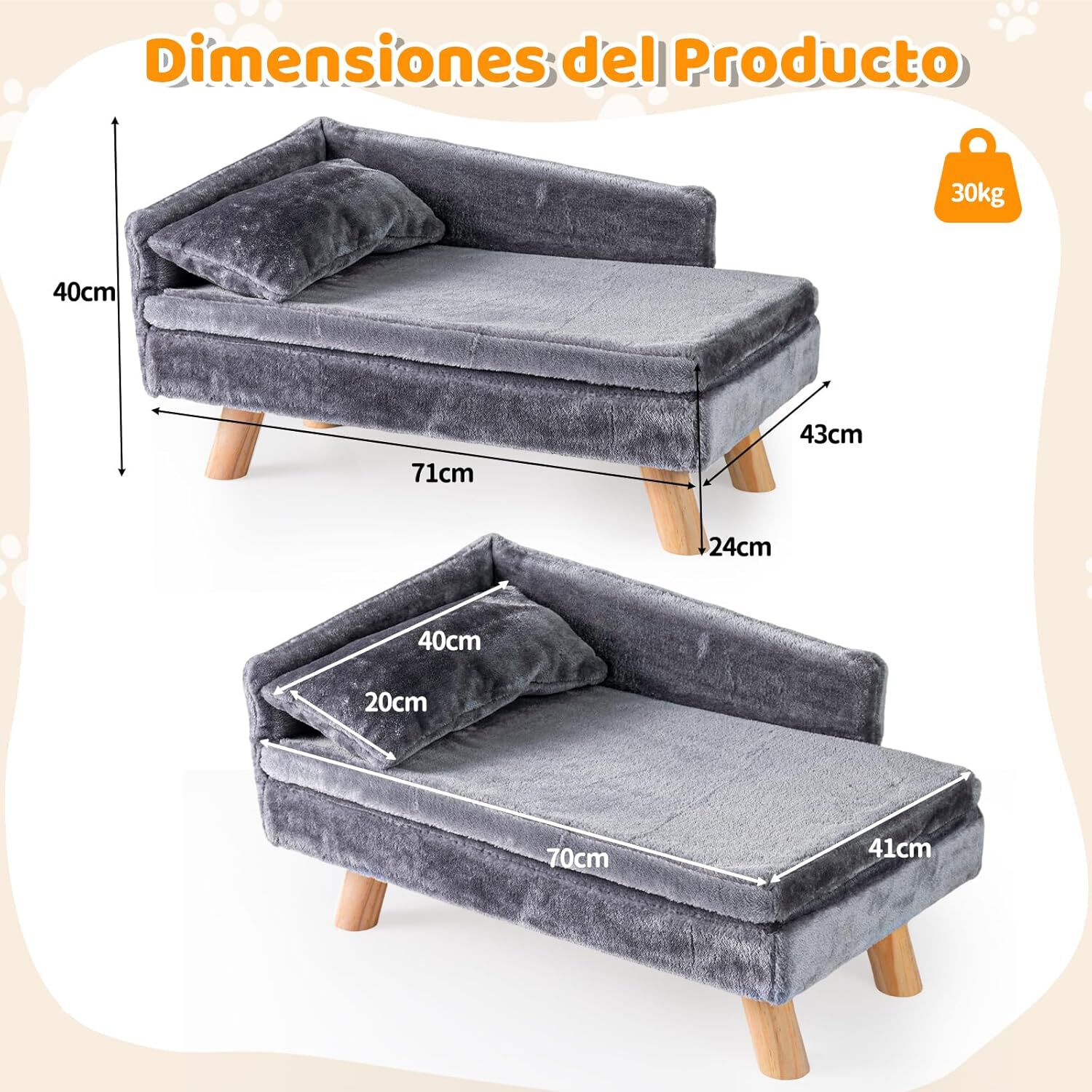 COSTWAY Cama para Gatos, mullida y Suave, sof&aacute; para Gatos medianos y peque&ntilde;os, Linda Cama para Gato con Base Antideslizante, Pies de Madera, Sof&aacute; Sill&oacute;n para Interior (Gris,71 x 43 x 40 cm), , large Imagen numero 5