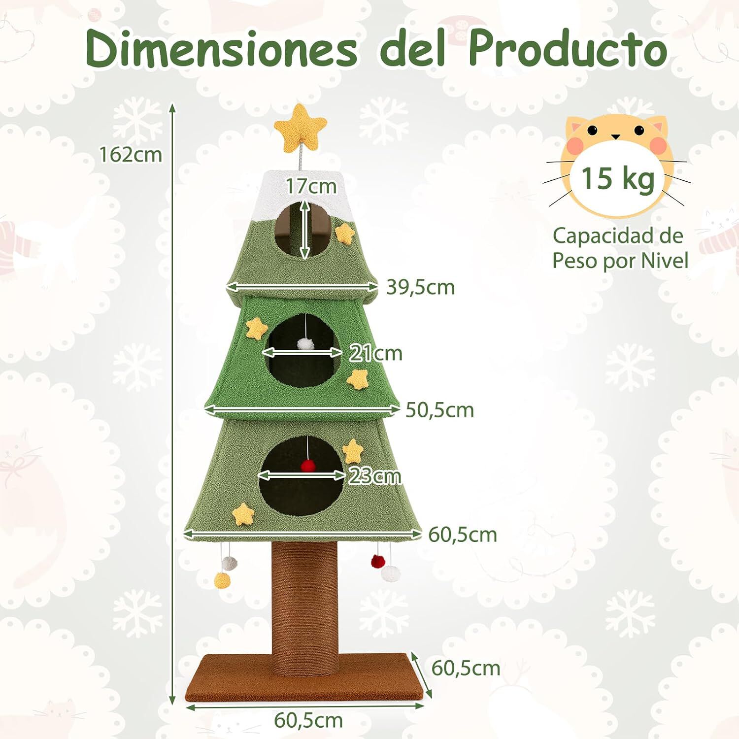COSTWAY &Aacute;rbol de Navidad para Gatos, 162 cm Torre para Gatos Navide&ntilde;o con 3 Condominios, Rascador de Sisal, Bolas Colgantes, Adorno de Estrella, Funda de Felpa Teddy Extra&iacute;ble, &Aacute;rbol Rascador Gato, , large Imagen numero 5