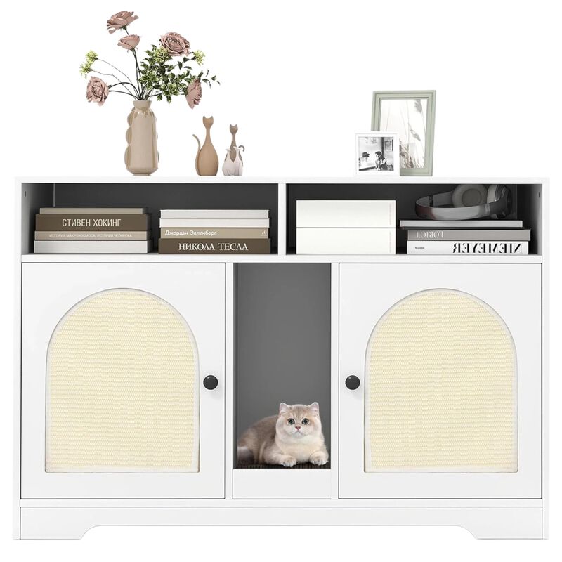 COSTWAY Caja de Arena para Gatos para 2 Gatos, Mueble Oculto para Ba&ntilde;o con Almacenamiento, Habitaciones Dobles, Rascador y 2 Alfombrillas de Sisal, Mesa Auxiliar de Madera para Interior, , large Imagen numero 1