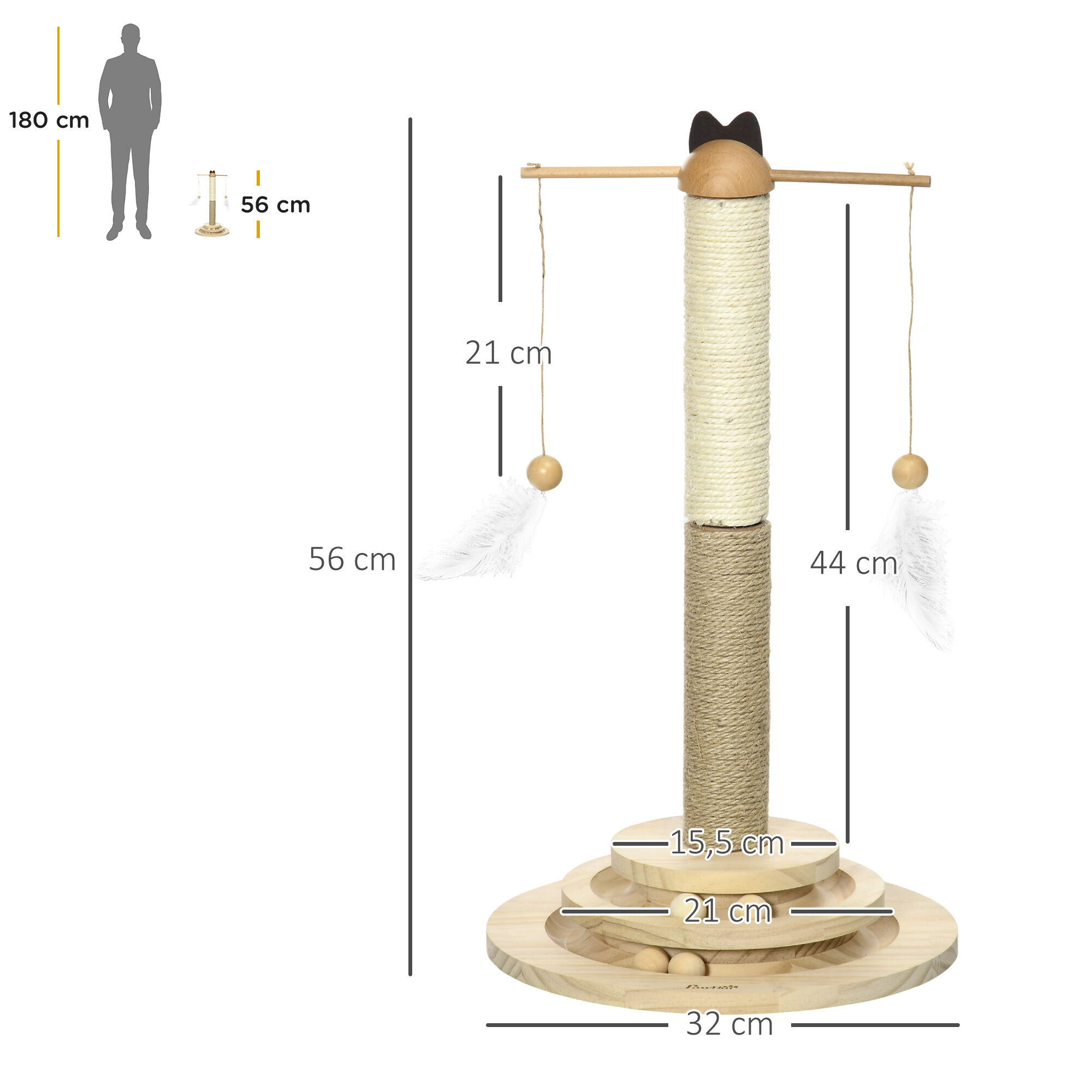 PawHut &Aacute;rbol Rascador para Gatos de Madera Altura 56 cm Torre para Gatos Centro de Actividades para Gatitos con Poste de Yute y Sisal Bolas para Jugar &Oslash;32x56 cm Natural, , large Imagen numero 3