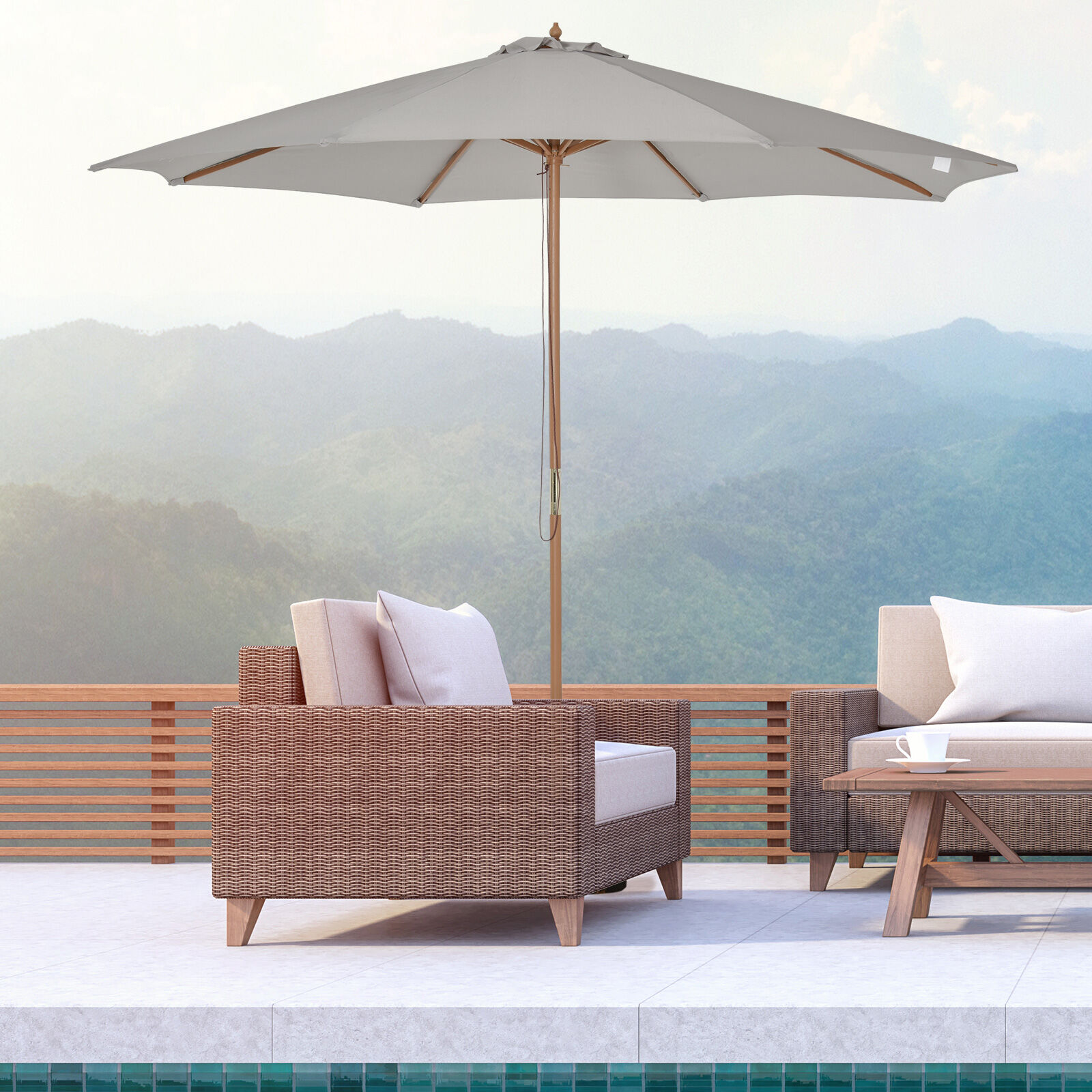 Outsunny Sombrilla Parasol de Jard&iacute;n &Oslash;300x250 cm con Sistema de Pestillo de Fijaci&oacute;n Techo Ventilado y Poste Desmontable de Madera para Terraza Patio Exterior Gris, , large Imagen numero 2