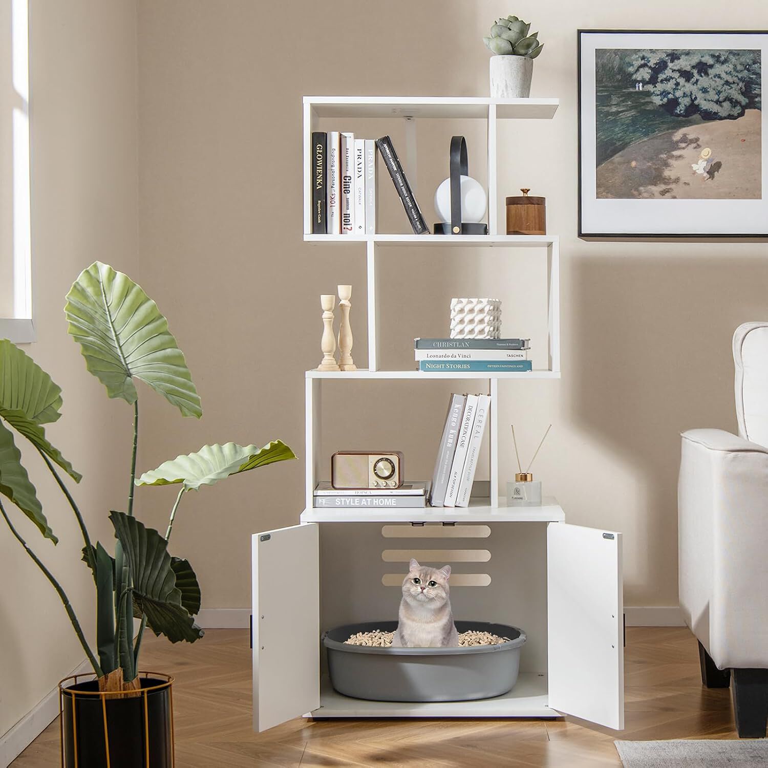 COSTWAY 2 en 1 Caja de Arena para Gatos, Mueble de Ba&ntilde;o Oculto para Gatos con 3 Estantes Abiertos de Almacenaje, con Kit Antivuelco y Almohadilla Ajustable, Casa de Inodoro para Gatos (Blanco), , large Imagen numero 2