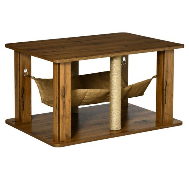 PawHut mesa auxiliar de café con hamaca y 2 postes rascadores marrón para gatos thumbnail