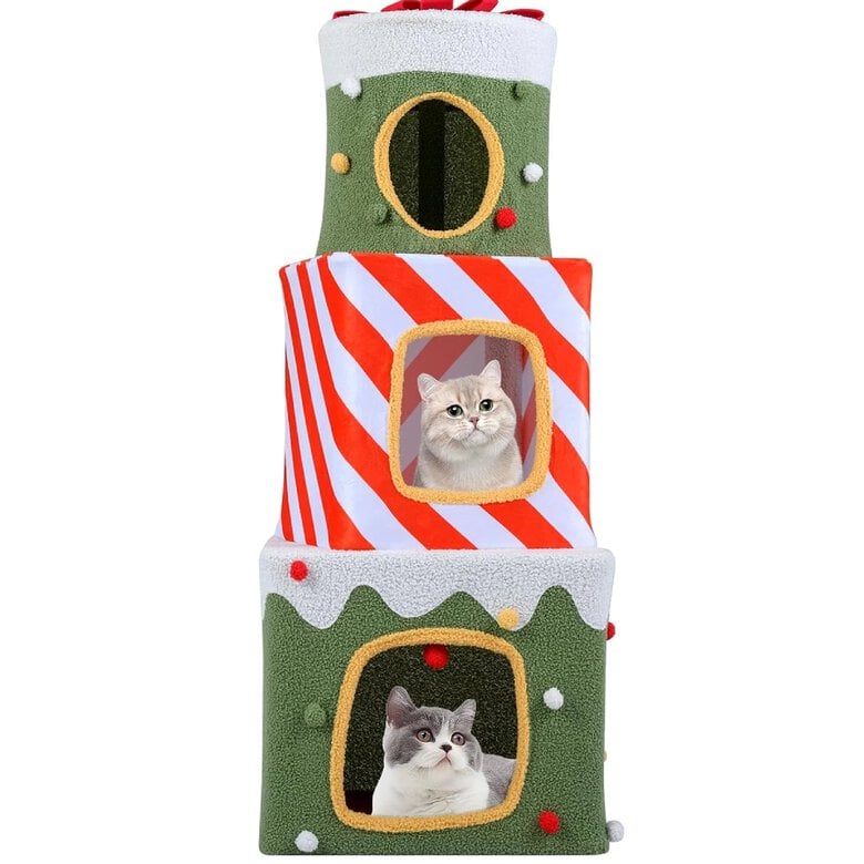 COSTWAY Árbol de Navidad para Gatos, 120 cm Torre Gatos de Caja Navideña con 3 Condominios y Cuevas de Escondite, Tejido de Peluche, Bola Colgante, Casa Gato de Interior para Decoración Navideña