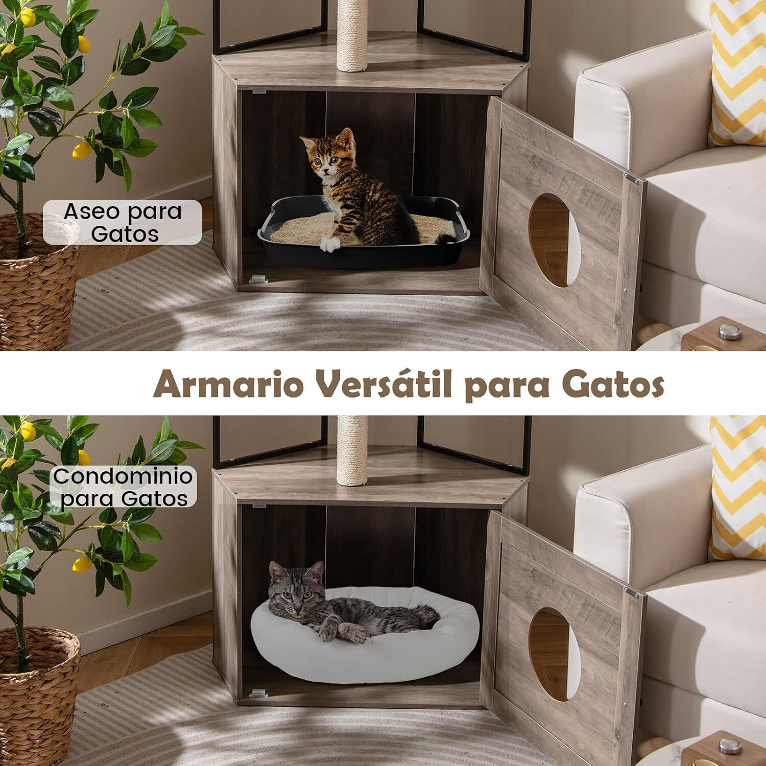 COSTWAY &aacute;rbol para gatos con armario para caja de arena, armario para gato para caja de arena, casa para gatos de madera, &aacute;rbol para gatos con postes de sisal, plataformas, abertura para gato y alfombrillas, mueble para gatos, Marr&oacute;n, , large Imagen numero 3