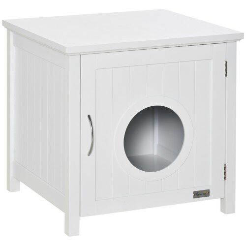PawHut casa de madera y mueble arenero blanco para gatos Tiendanimal