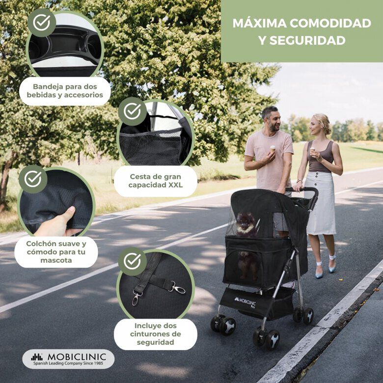 Mobiclinic Carrito para perros Ruedas con freno y 360&ordm; 3 accesos Con toldo Cesta almacenaje y portavasos Negro, , large Imagen numero 3