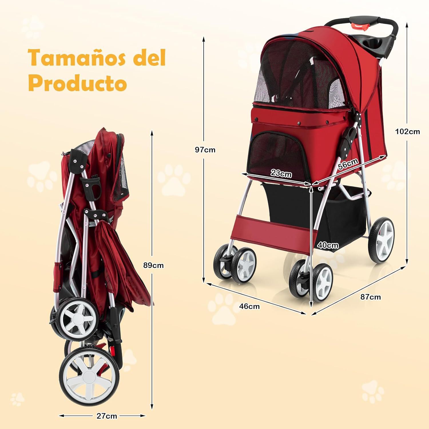 COSTWAY Cochecito para Mascotas Plegable, Cochecito de Mascotas de 4 Ruedas para Gatos/Perros, Carrito para Gatos con Cesta de Almacenamiento para Mascotas, Ventana de Malla, impermeable (Rojo), , large Imagen numero 4