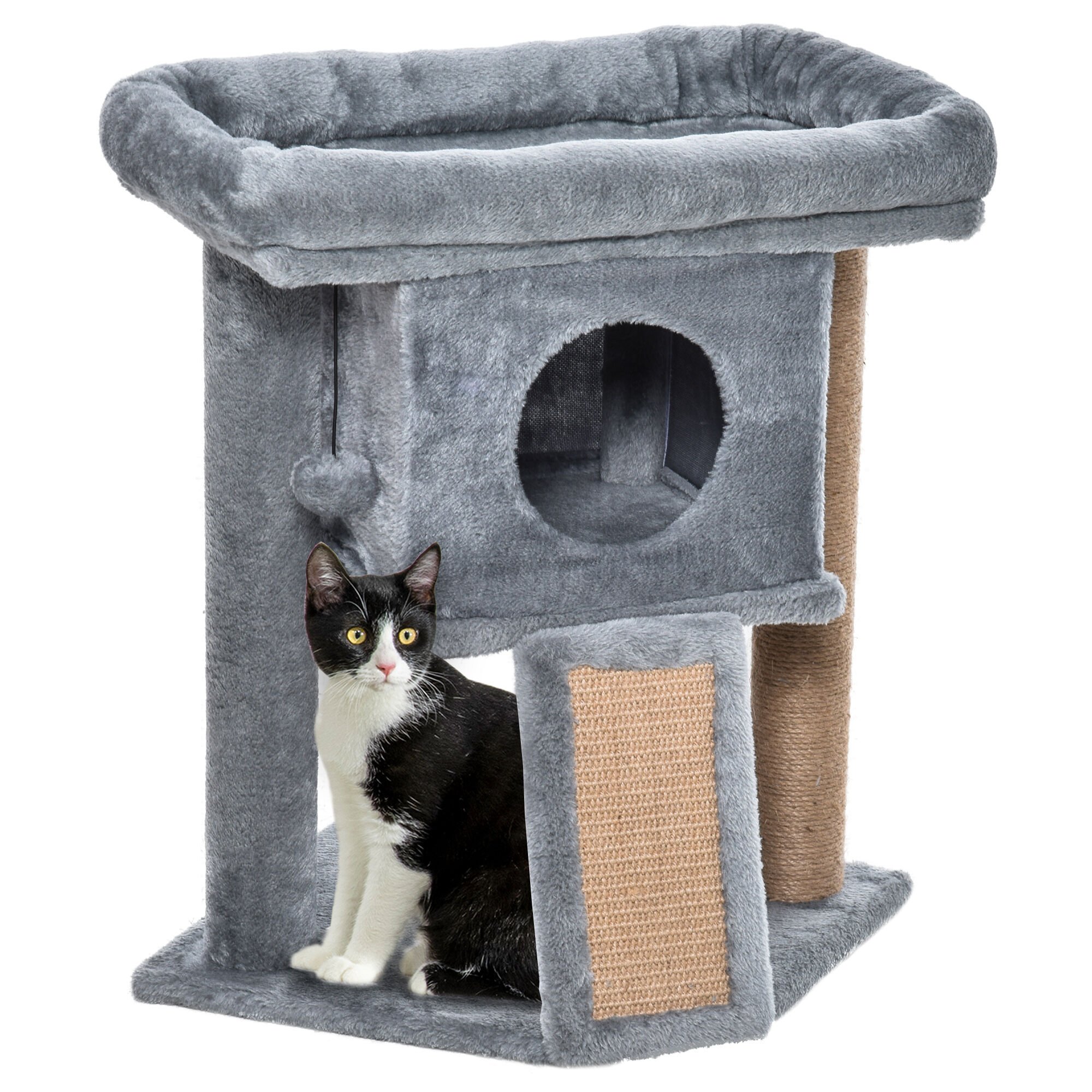 PawHut &Aacute;rbol Rascador para Gatos Peque&ntilde;os de 57 cm Torre para Gatos con Poste de Yute Rampa para Rascar Cama y Bola Colgante 40x40x57 cm Gris, , large Imagen numero 1