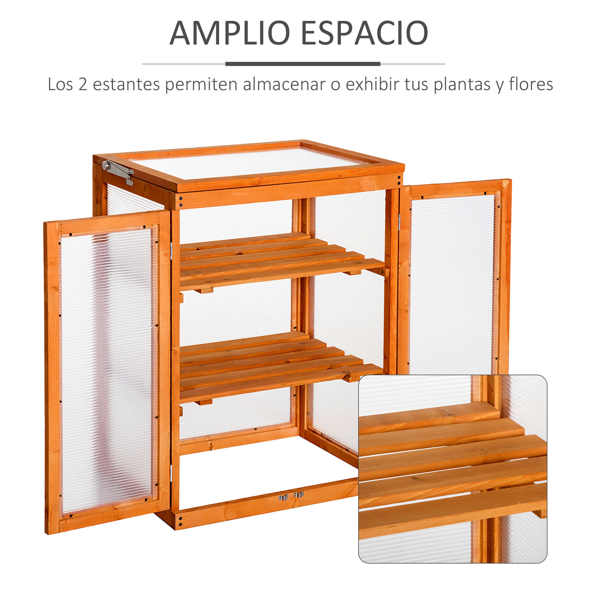 Outsunny Invernadero de Jard&iacute;n de Madera y Policarbonato Invernadero Vivero Casero con 3 Estantes 2 Puertas y Tapa Abatible para Cultivo de Plantas Terraza Patio 58x44x78 cm Natural, , large Imagen numero 4