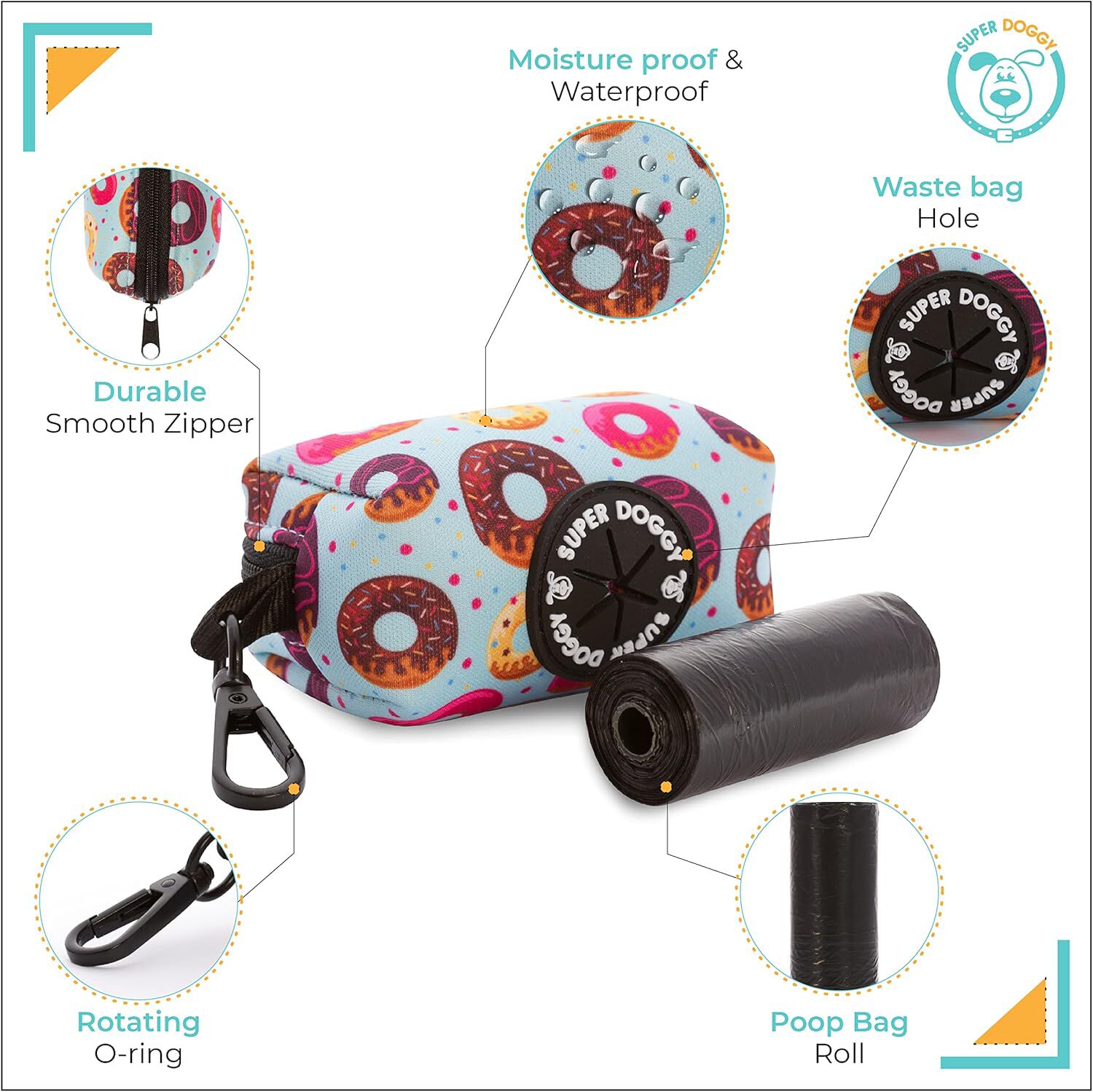 Dispensador de Bolsas Caca Perro Super Doggy&reg; - Porta Bolsas de Excrementos con Mosqueton - Bolso Accesorios para Mascotas - Incluye un Rollo de Bolsas (Donuts), , large Imagen numero 2