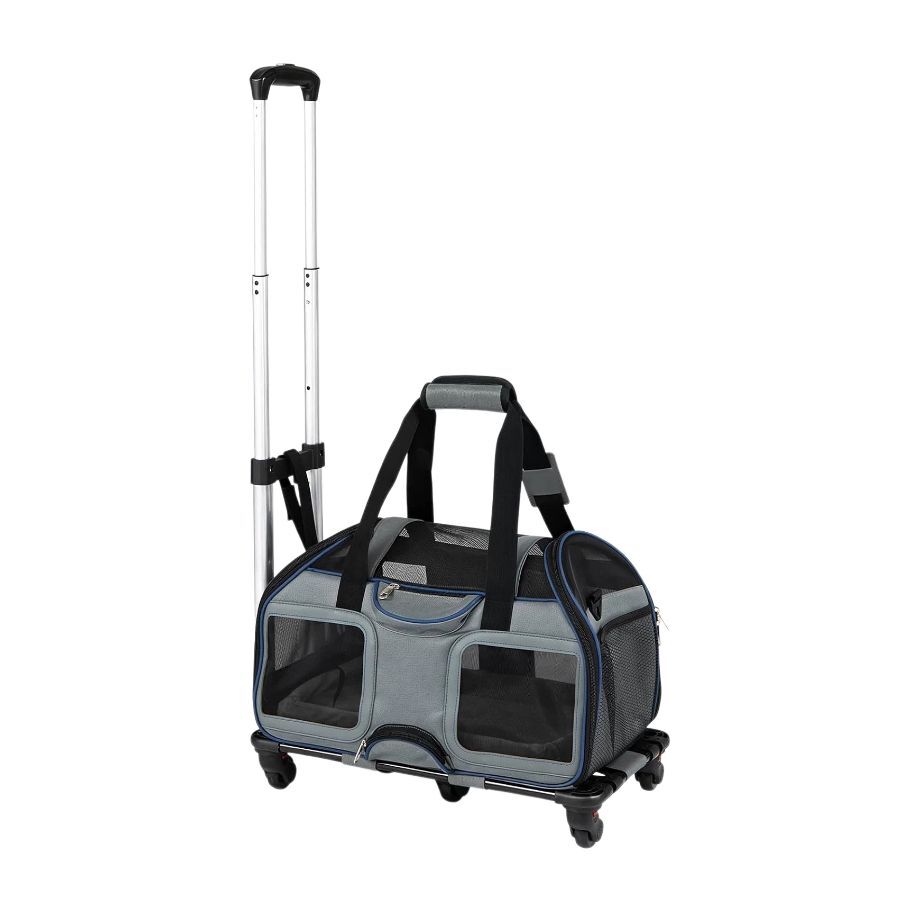 COSTWAY Transport&iacute;n con Ruedas para Gatos con Mango Telesc&oacute;pico, Bolsa Transporte Plegable con Asa Acolchada, Entradas con Cremallera y Coj&iacute;n Extra&iacute;ble, Portador de Viaje para Mascotas, Gris Azul, , large Imagen numero 1