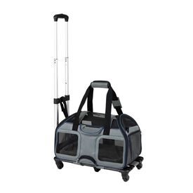 COSTWAY Transport&iacute;n con Ruedas para Gatos con Mango Telesc&oacute;pico, Bolsa Transporte Plegable con Asa Acolchada, Entradas con Cremallera y Coj&iacute;n Extra&iacute;ble, Portador de Viaje para Mascotas, Gris Azul