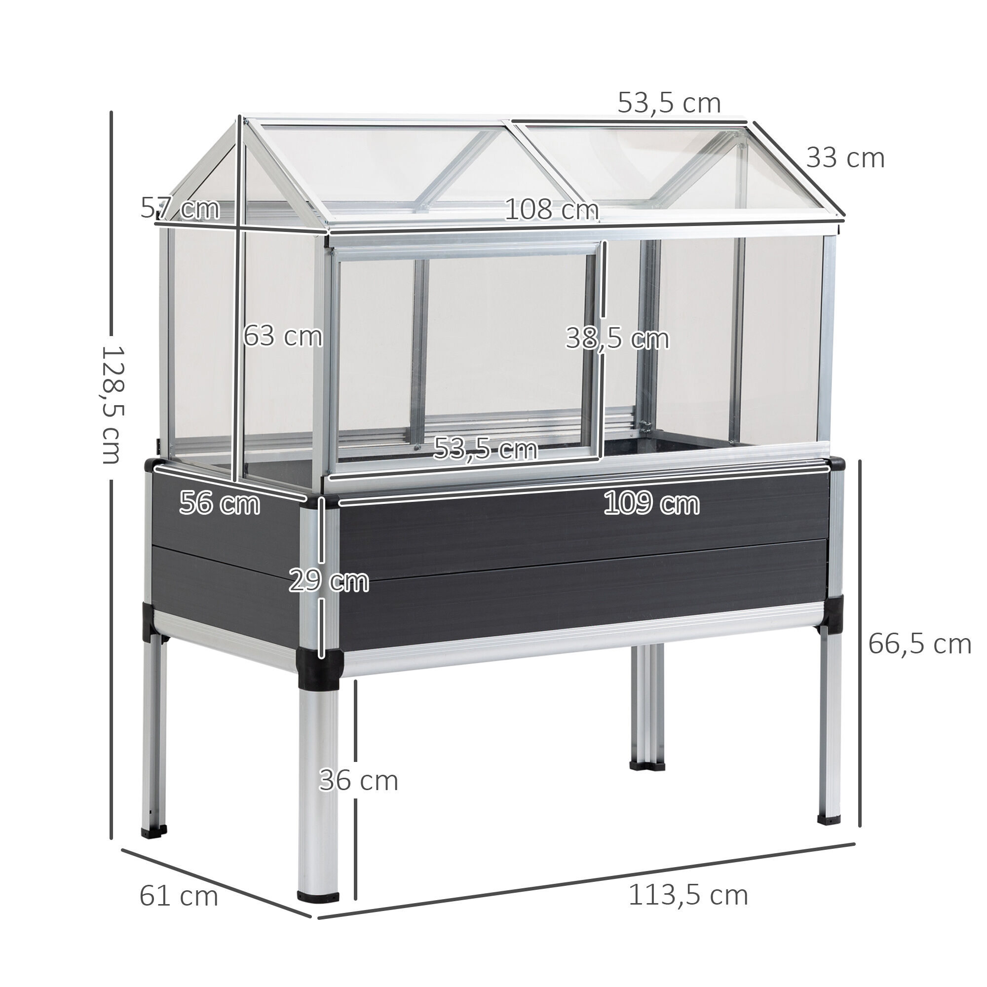 Outsunny Huerto Urbano Elevado 113,5x61x128,5 cm con Cubierta de Policarbonato con Techos Abatibles y Ventanas Correderas Marco de Aluminio y PVC para Plantas Flores Gris, , large Imagen numero 3