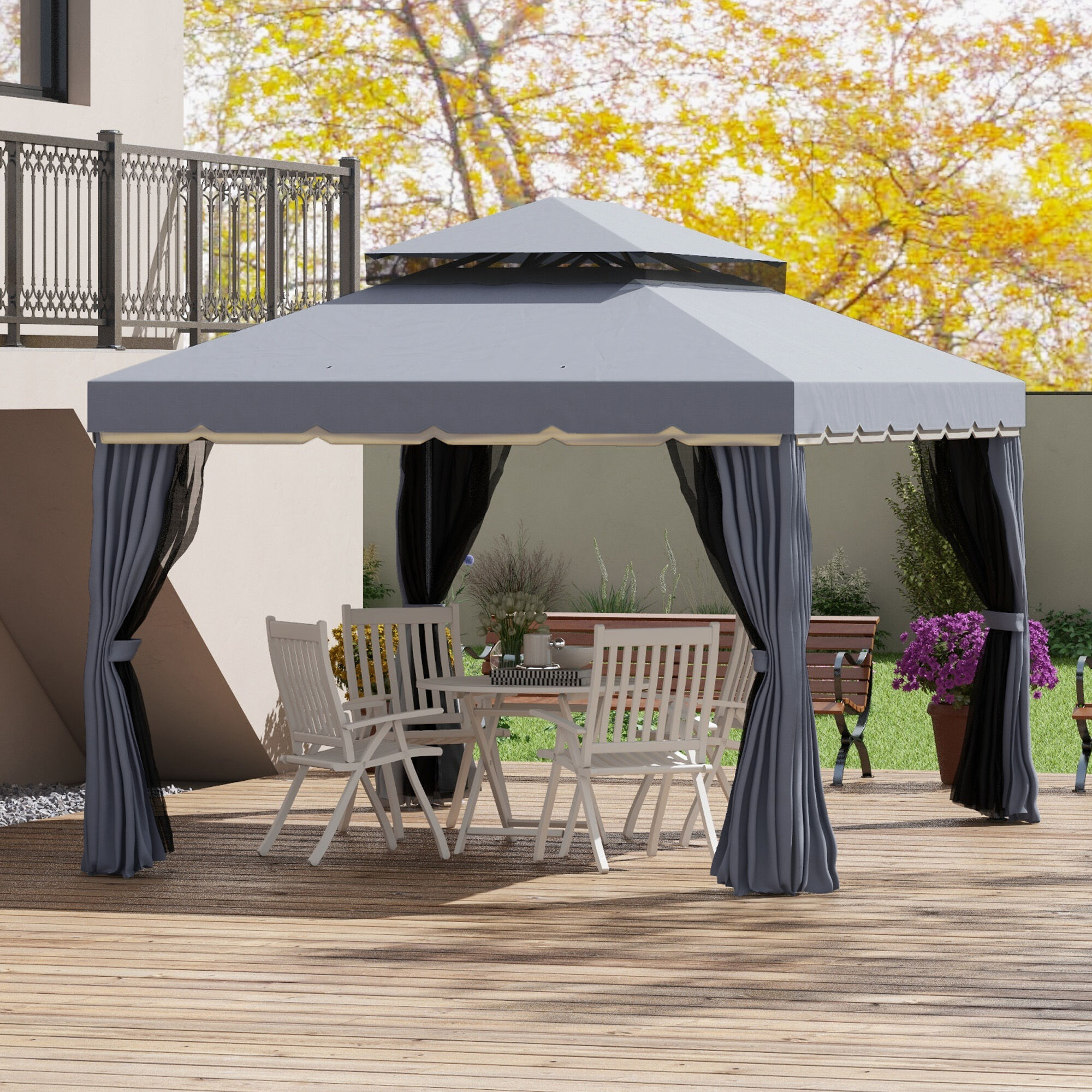 Outsunny Conjunto de Cenador Incluye 1 Cenador de Jard&iacute;n 4x3 m con 4 Cortinas Laterales 4 Mosquiteras y 1 Techo de Repuesto 4x3 m para Fiestas Eventos Exterior Gris y Beige, , large Imagen numero 2