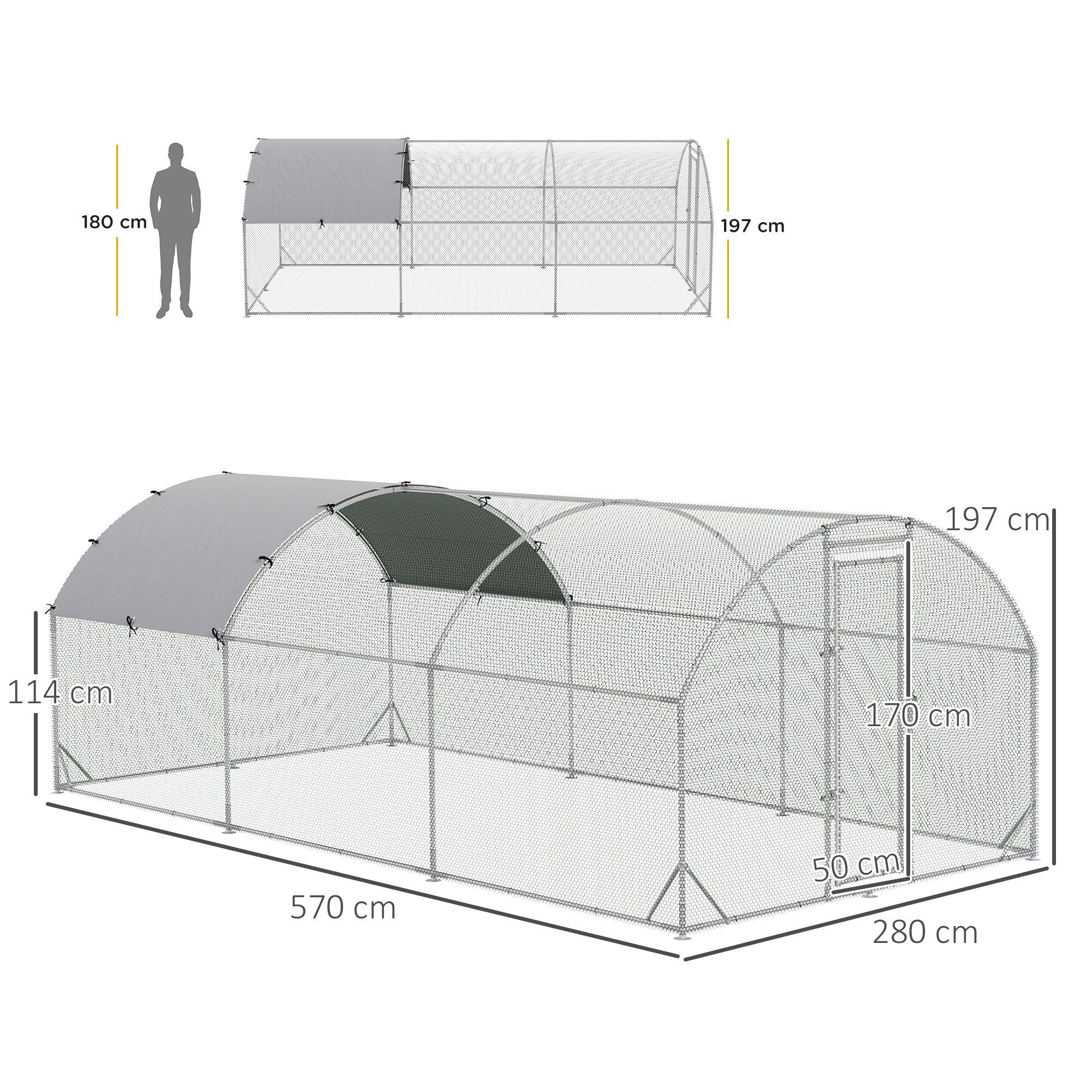 PawHut Gallinero para Exterior Grande Jaula de Acero Galvanizado con Techo de Tela Oxford Corral y Cerradura para 12-18 Gallinas Conejos Aves 5,7x2,8x1,97 m Plata, , large Imagen numero 3