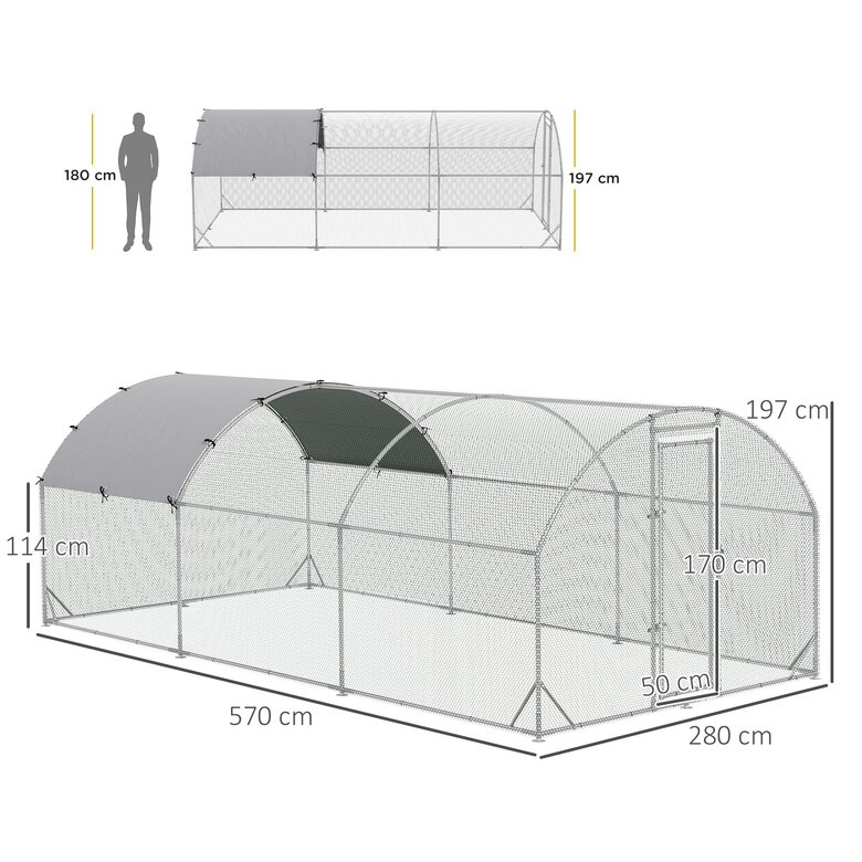 PawHut Gallinero para Exterior Grande Jaula de Acero Galvanizado con Techo de Tela Oxford Corral y Cerradura para 12-18 Gallinas Conejos Aves 5,7x2,8x1,97 m Plata, , large image number null