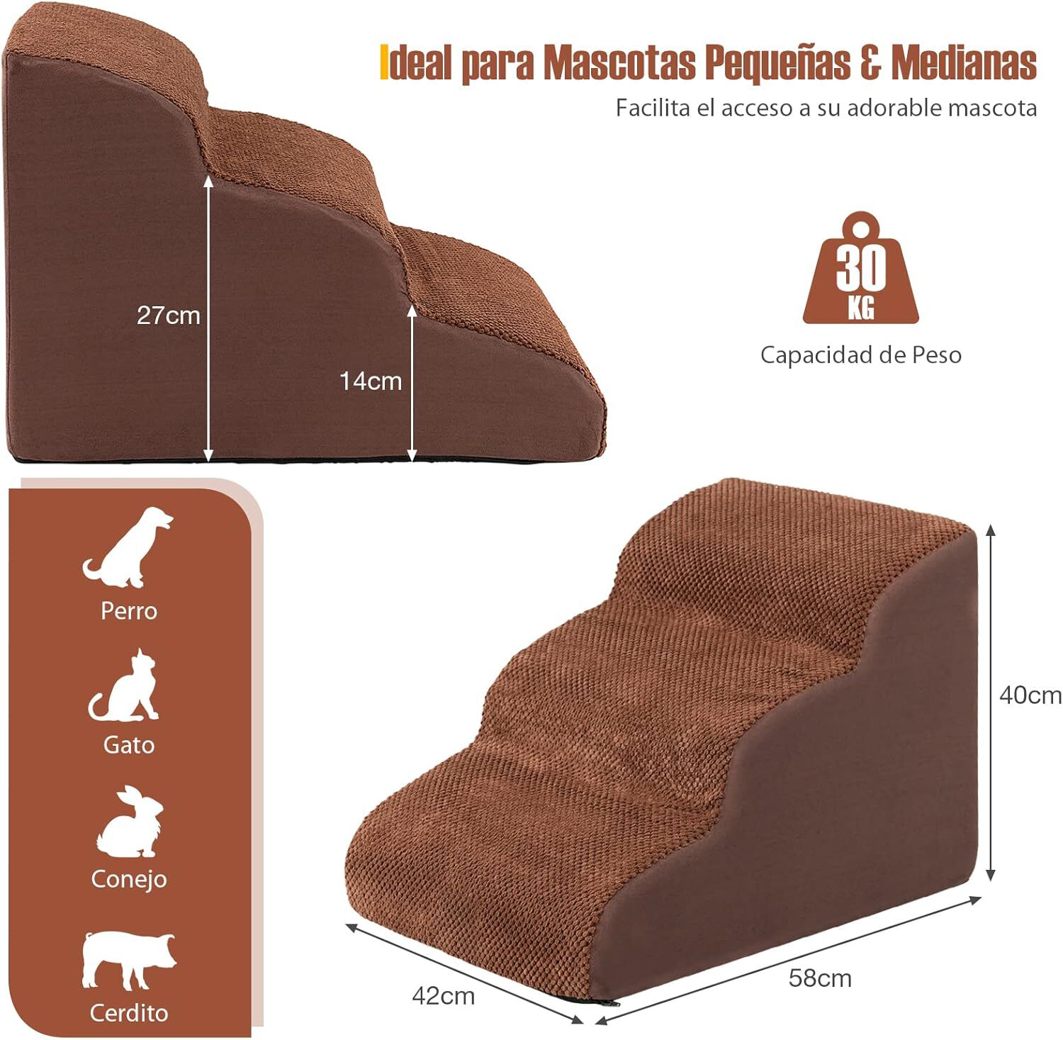COSTWAY Rampa para Perros de Espuma de 4 Niveles, Escalera para Mascotas con Funda Lavable, Escala para Perros con Huellas de Silicona Pelda&ntilde;os Antideslizantes para Sof&aacute;s Altos (marr&oacute;n 4 escaleras), , large Imagen numero 5