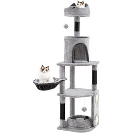 COSTWAY Rascador para Gatos de 144 cm, Árbol Rascador para Gatos de 5 Niveles con 3 Postes de Sisal para Rascar y Tablero, Condominio, Plataformas, Hamaca, Cama, Árbol de Actividades para Gatitos