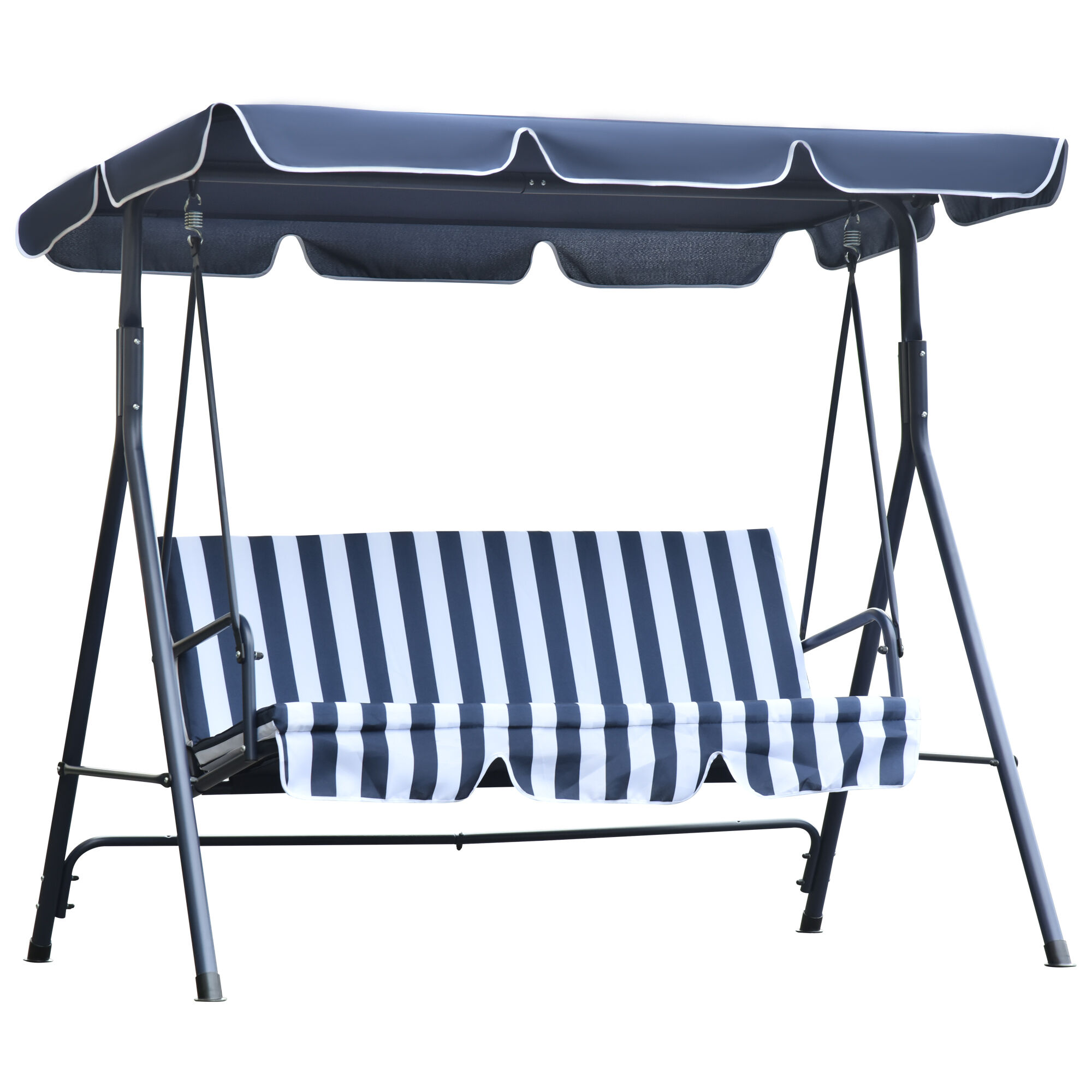 Outsunny Columpio Balanc&iacute;n de Jard&iacute;n Exterior de 3 Plazas con Coj&iacute;n Techo Ajustable y Marco de Metal para Balc&oacute;n Terraza Patio Carga M&aacute;x. 200 kg 172x110x153 cm Raya Azul, , large Imagen numero 1