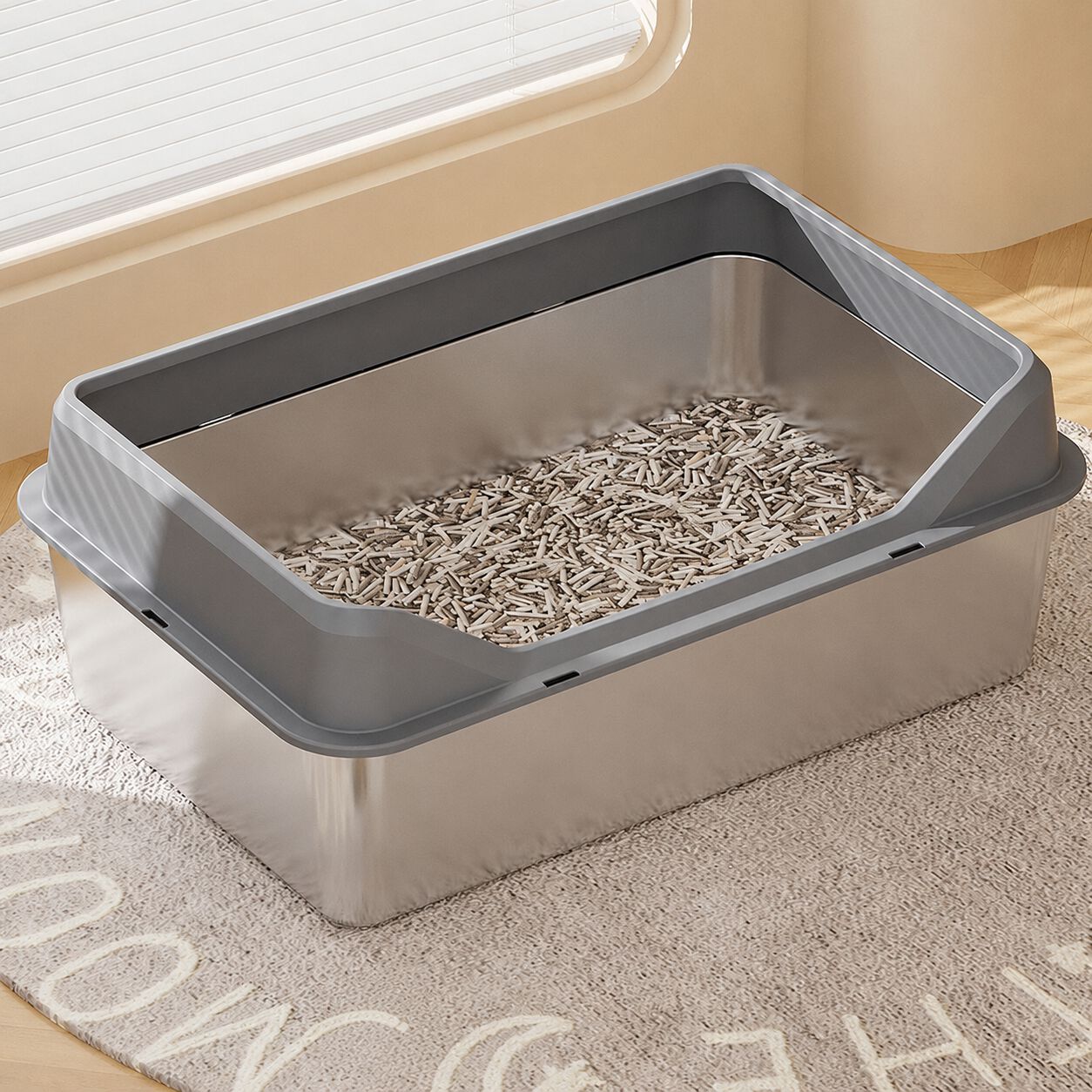 FreshPaw Arenero Grande de Acero Inoxidable para Gatos 70 &times; 50 &times; 29,5 cm, Bandeja Higi&eacute;nica Antisalpicaduras para Gatos Grandes, con Pala y Arena de Tofu FUKUMARU 2,7 kg de Regalo, , large Imagen numero 3