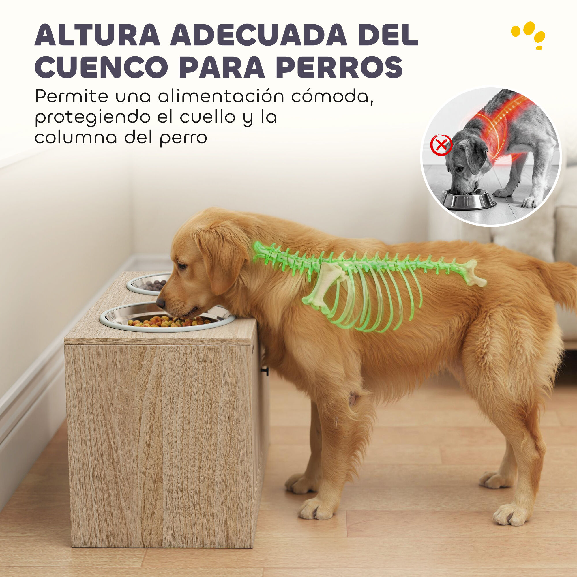 PawHut Comedero Perro Elevado con 2 Cuencos de Acero Inoxidable 2x2000 ml Cuencos Elevados para Perros Grandes con 2 Puertas, Comedero Lento, Almacenamiento Oculto, Anillos Antideslizantes, Roble, , large Imagen numero 4