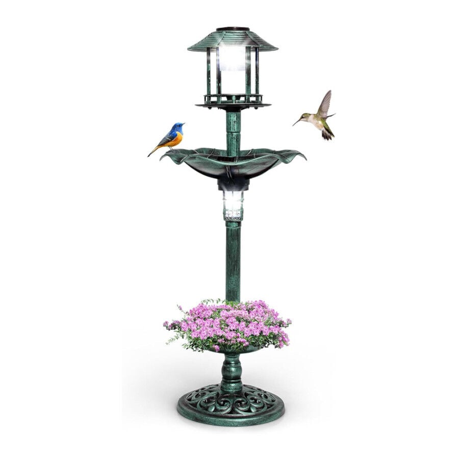 COSTWAY Comedero de Pájaros Exterior con 2 Luces LED Solares y Macetero de Flores verde cobre para aves