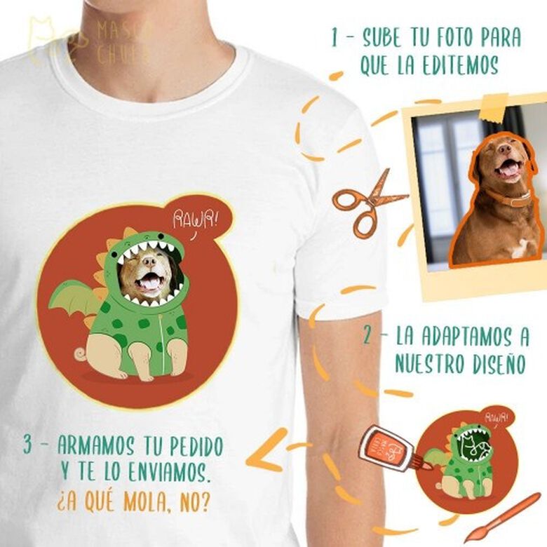 Mascochula camiseta hombre dino personalizada con tu mascota blanco thumbnail