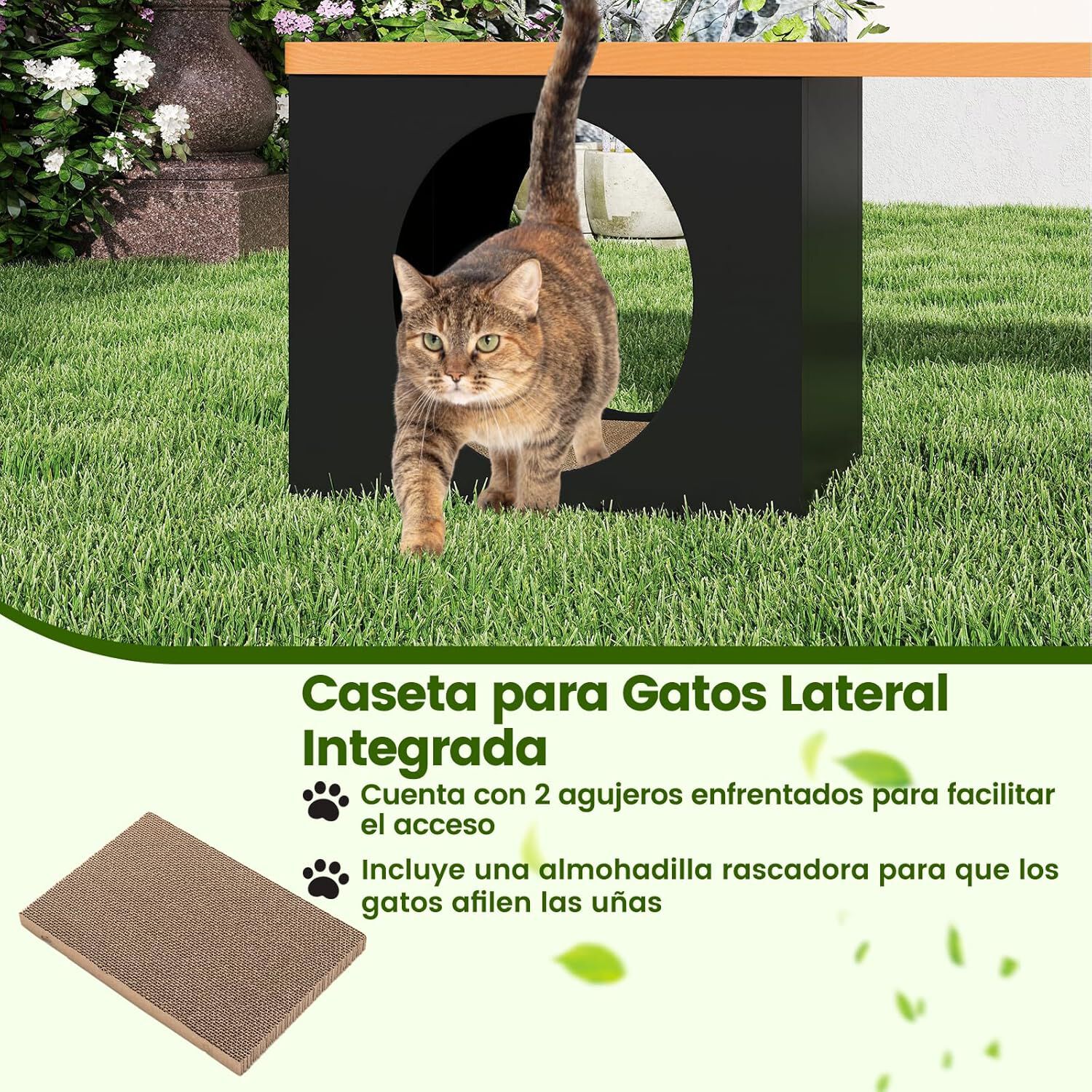COSTWAY Banco de Exterior de 150 cm con Casa para Gatos, Banco Largo de Metal con Agujero para Gatos y Almohadilla Rascadora, Soporte 450 kg para 3 Personas, Ideal para Jardín, Patio, Entrada y Porche thumbnail