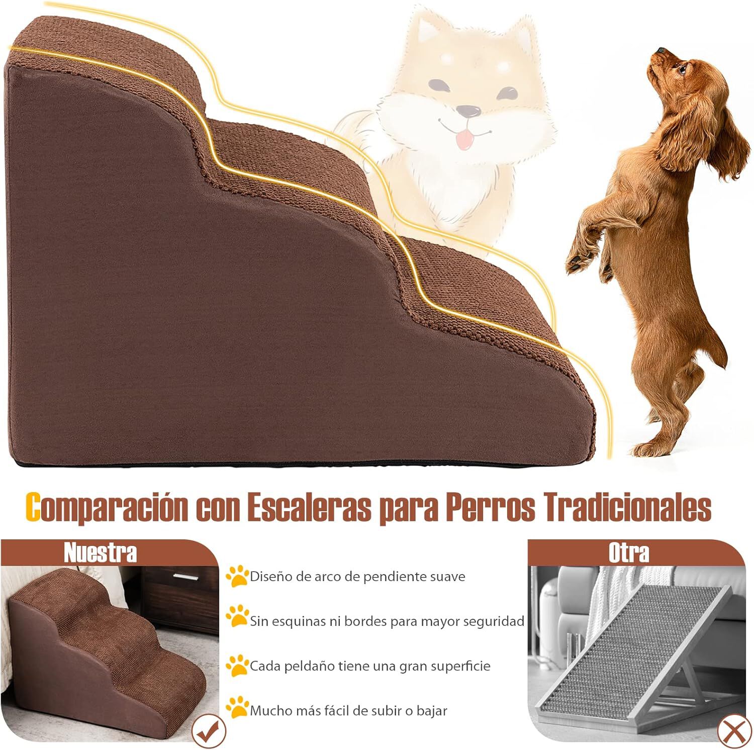 COSTWAY Rampa para Perros de 3 Niveles de Espuma, Pelda&ntilde;os para Perros Antideslizantes con Esponja de Alta Densidad, Huellas de Silicona, Escalera Suave para Perros Peque&ntilde;os y Mayores, Color Caf&eacute;, , large Imagen numero 5