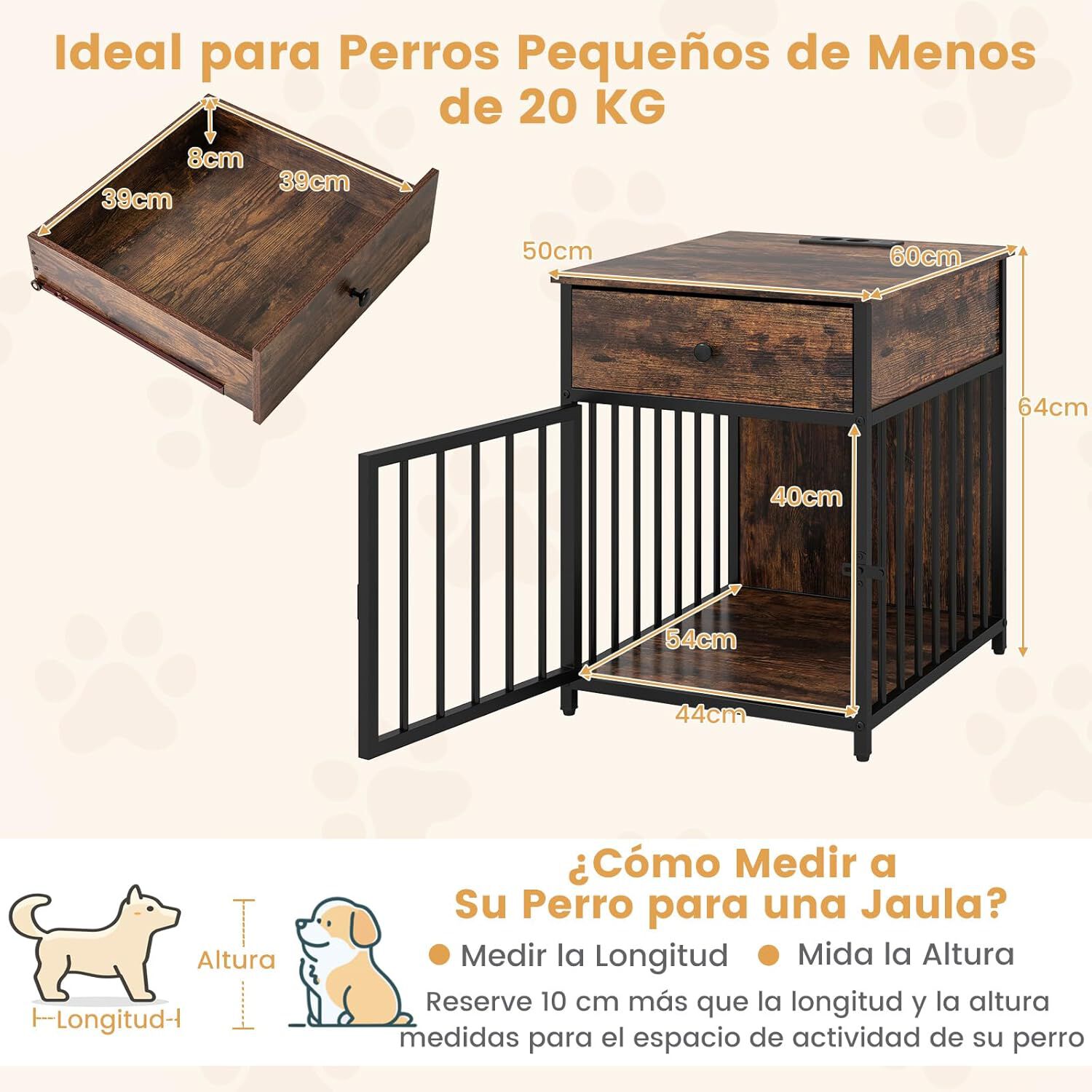 COSTWAY Jaulas para Perros con Estación de Carga, 2 en 1 Mesa Auxiliar y Caja de Perros de Madera con Cajón de Almacenamiento, Moderna Jaula para Perros con Cerradura de Puerta, 50 x 60 x 64 cm thumbnail