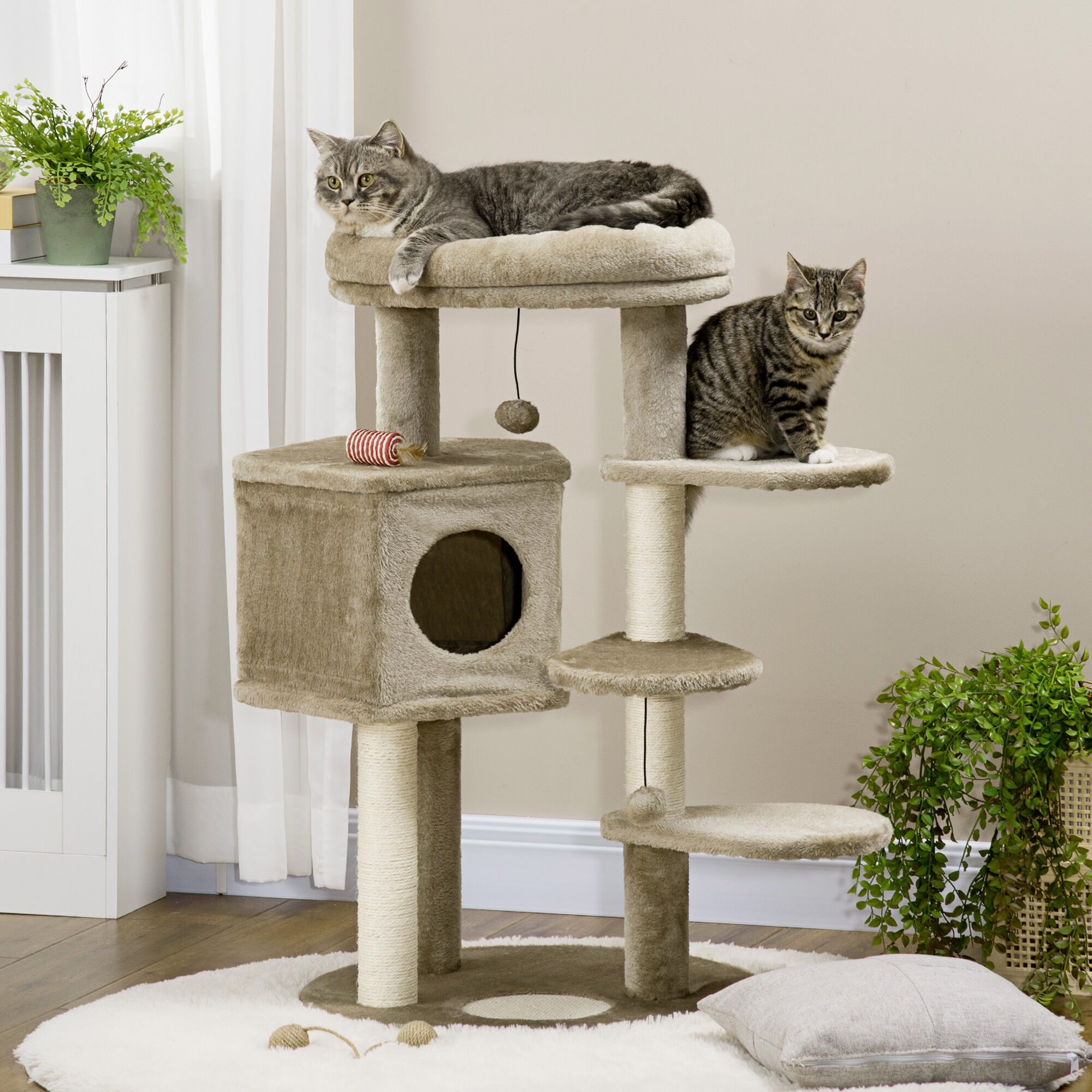 PawHut &Aacute;rbol Rascador para Gatos Peque&ntilde;os Altura 94 cm Torre para Gatos con Cama Superior Cueva 3 Escaleras Bolas Colgantes y Postes de Sisal 55x55x94 cm Marr&oacute;n, , large Imagen numero 2