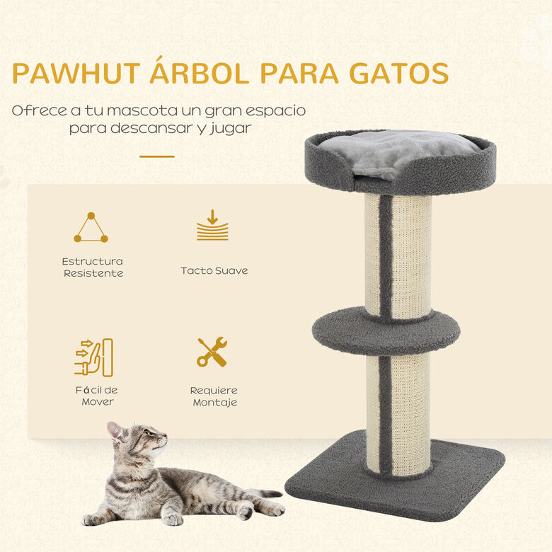 PawHut Árbol Rascador de 3 Niveles con Nido Plataforma y Poste de Sisal gris para Gatos thumbnail