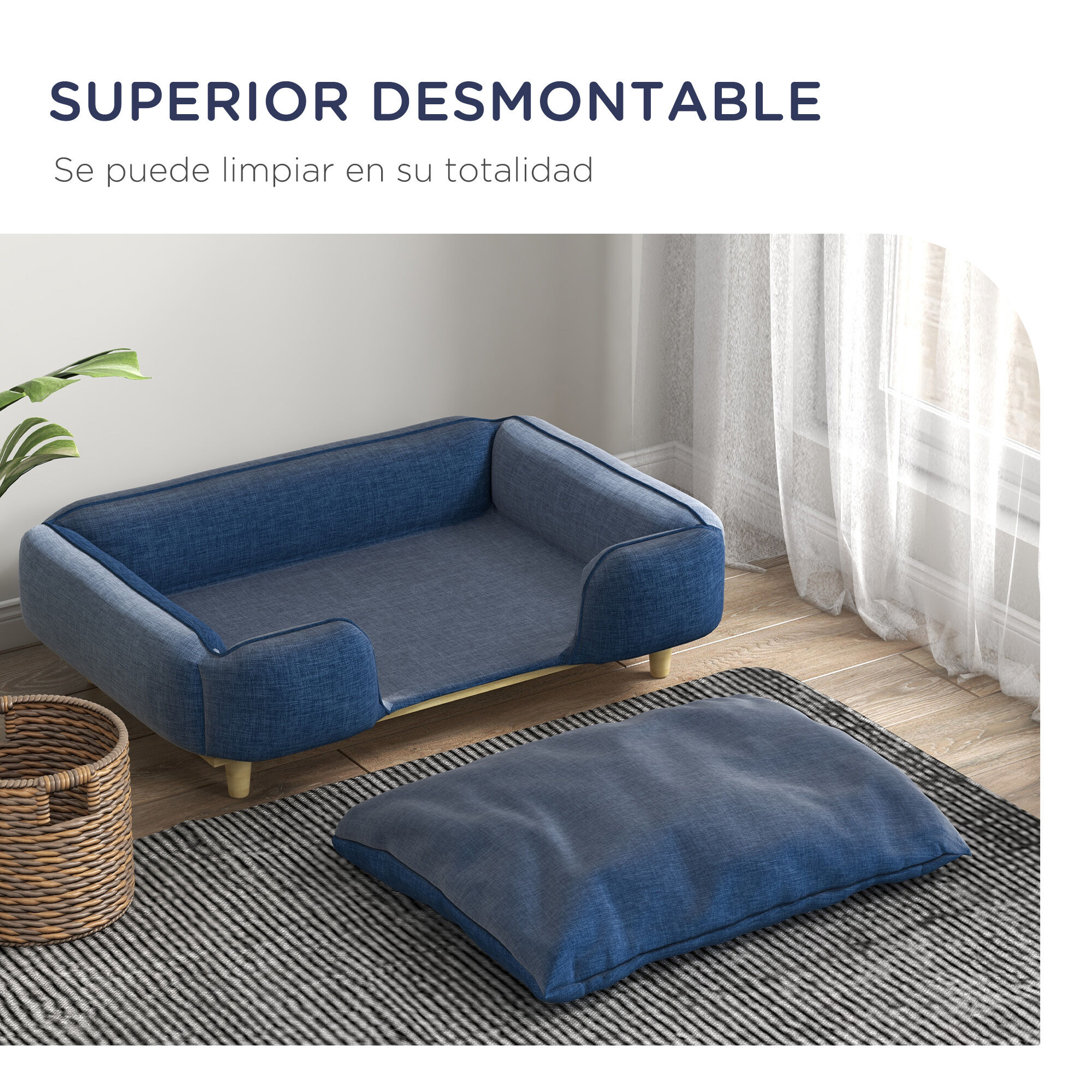 PawHut Sof&aacute; para Perros Grandes Cama Elevada para Perros con Patas de Madera y Coj&iacute;n Lavables Cama para Mascotas Carga 30 kg 96x66x24 cm Azul, , large Imagen numero 5